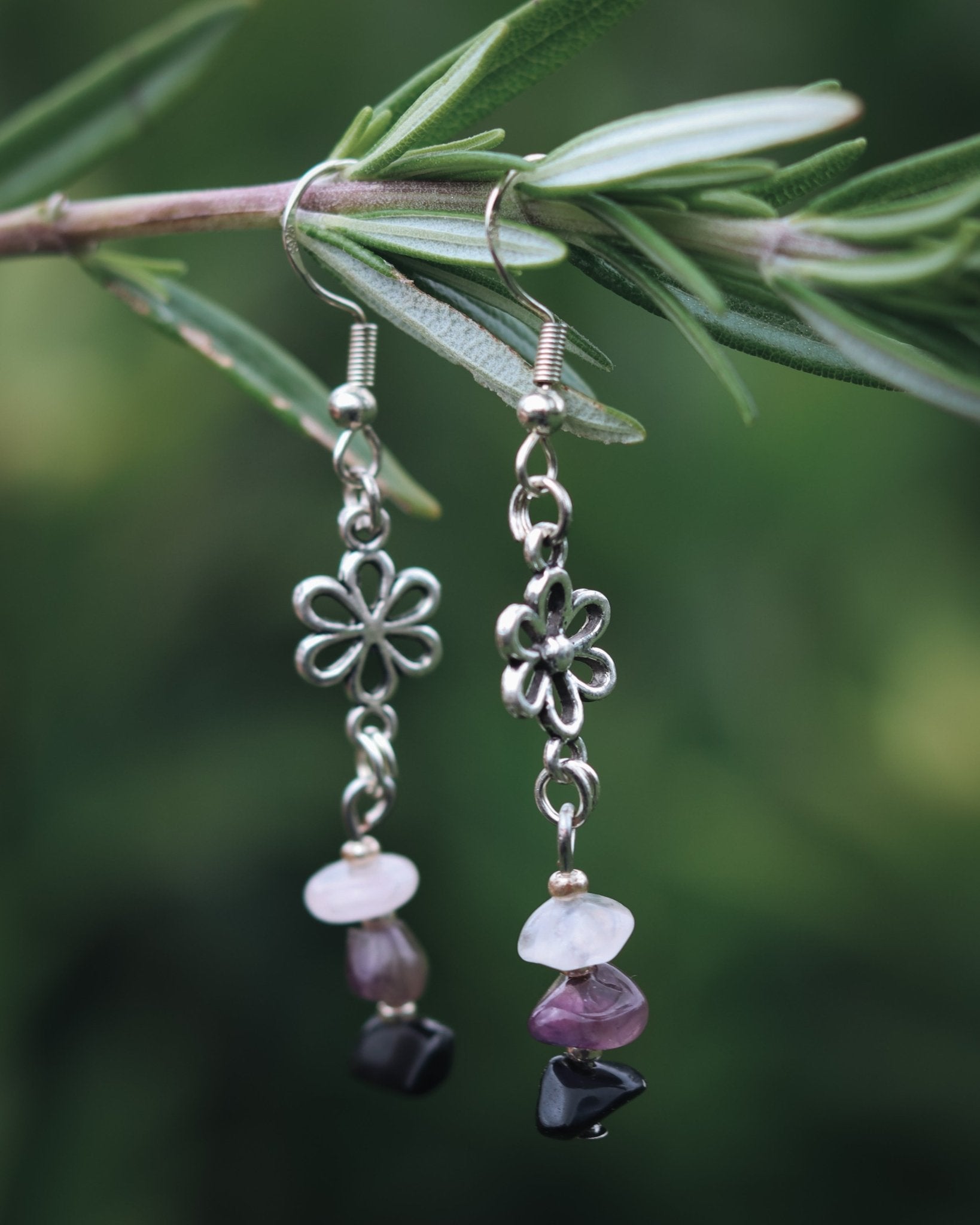 Amethyst Obsidian and Flower Earrings - Kowhai and Sage