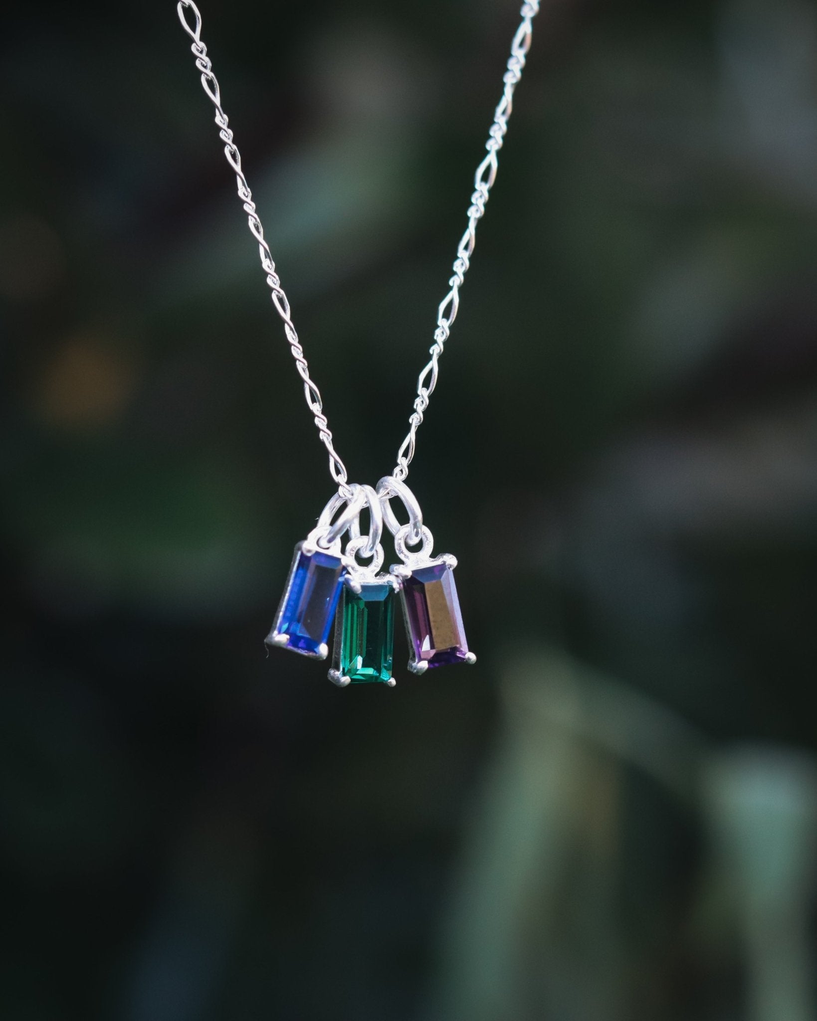 Family Story Custom Baguette Birthstone Necklace - Kowhai and Sage