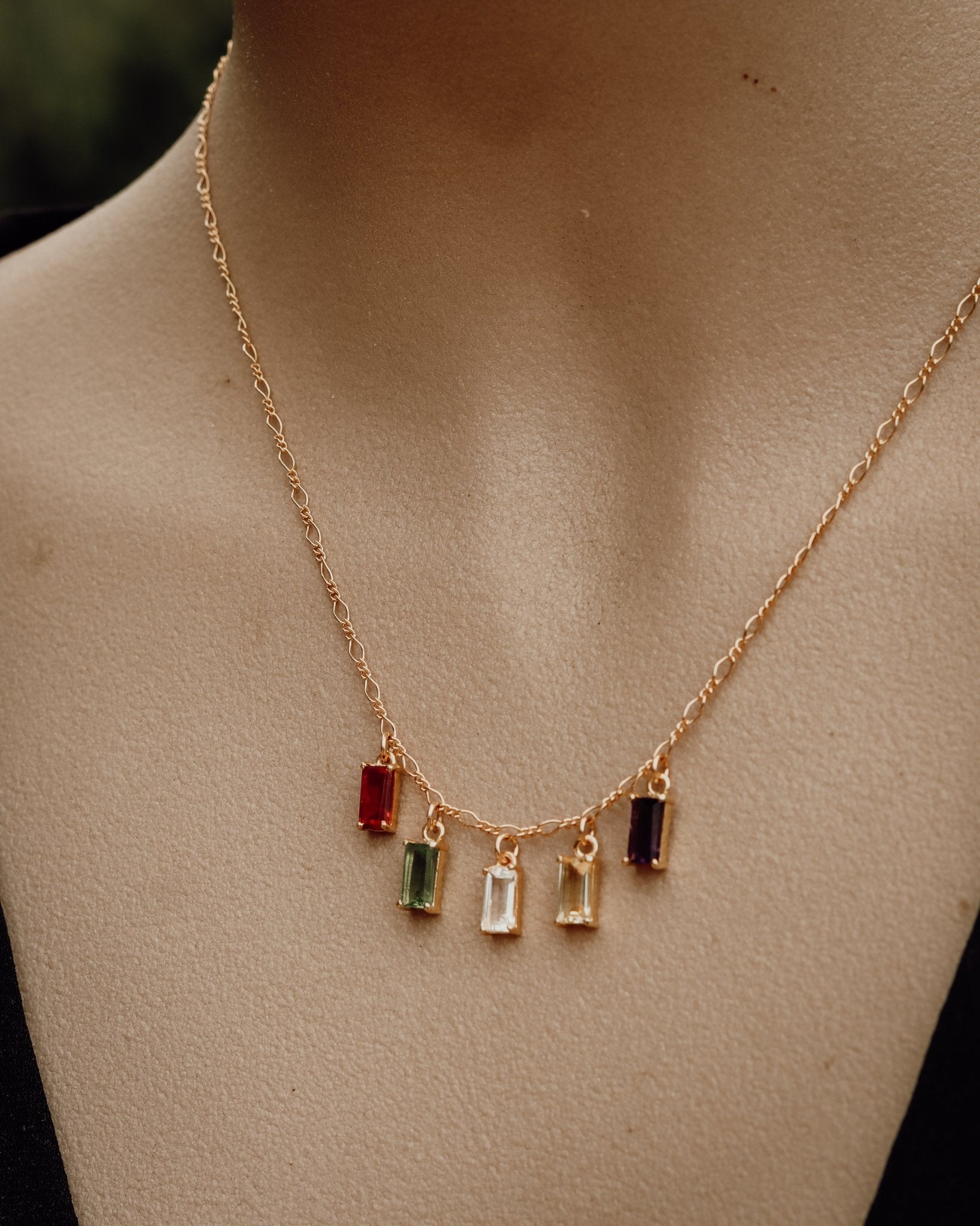 Family Story Custom Baguette Birthstone Necklace - Kowhai and Sage