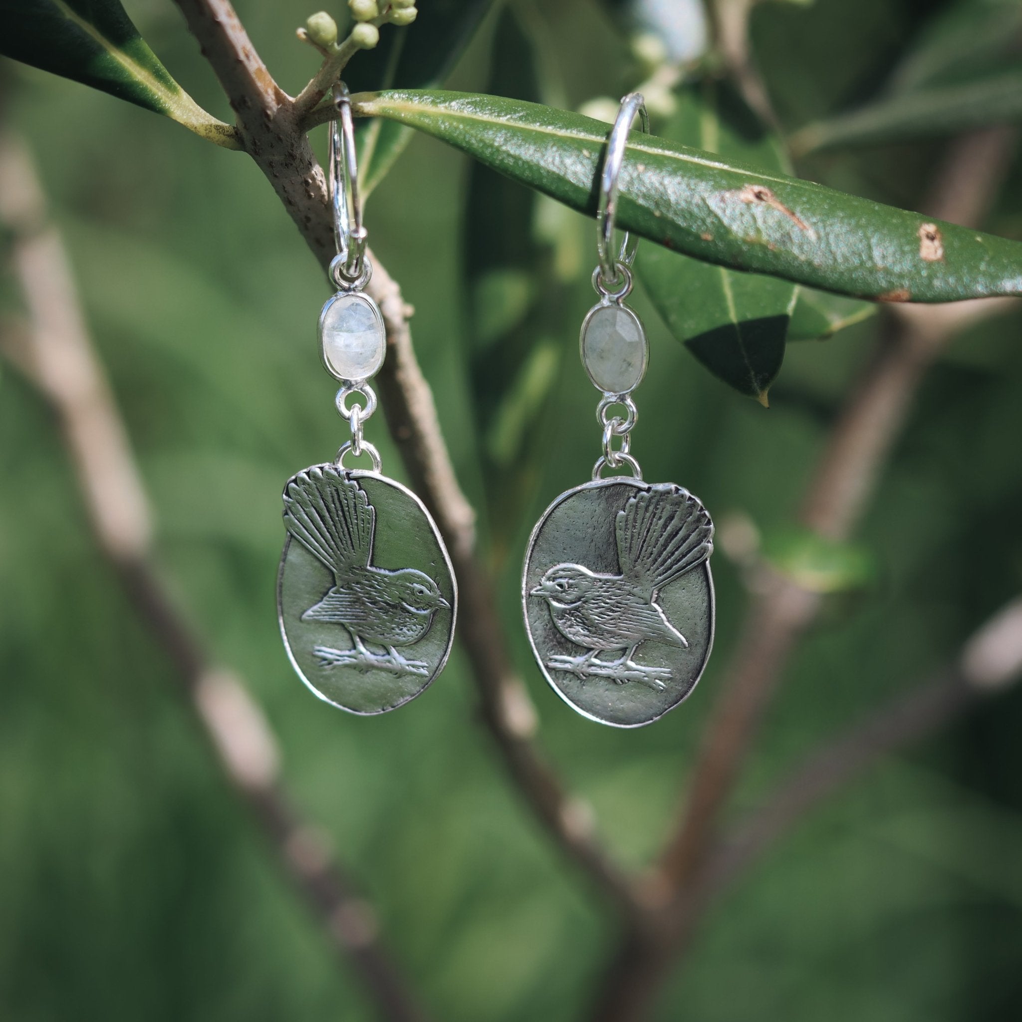 Fantail Piwakawaka Moonstone Earrings - Kowhai and Sage