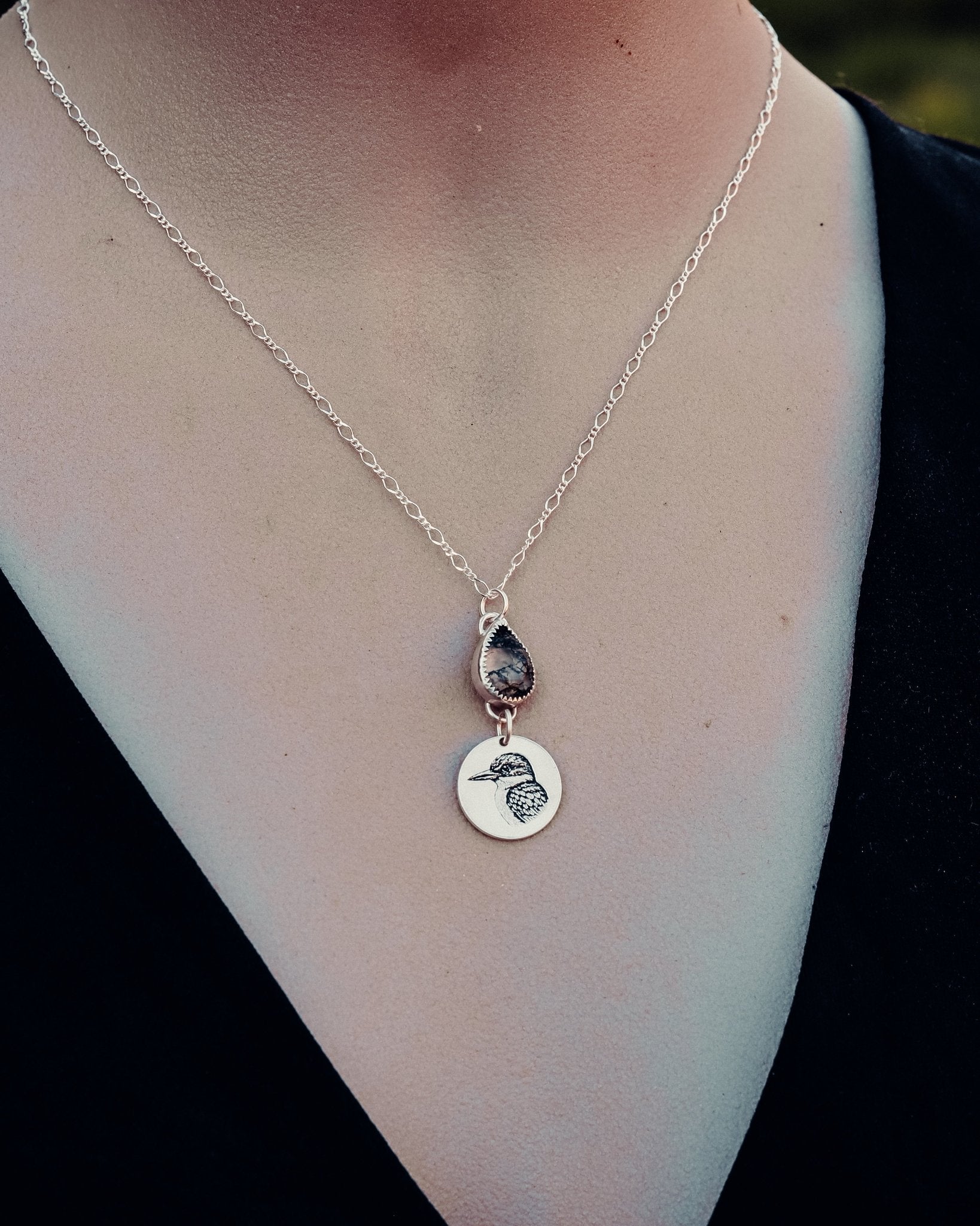 For The Love Of The Forest Kingfisher Moss Agate Necklace - Kowhai and Sage