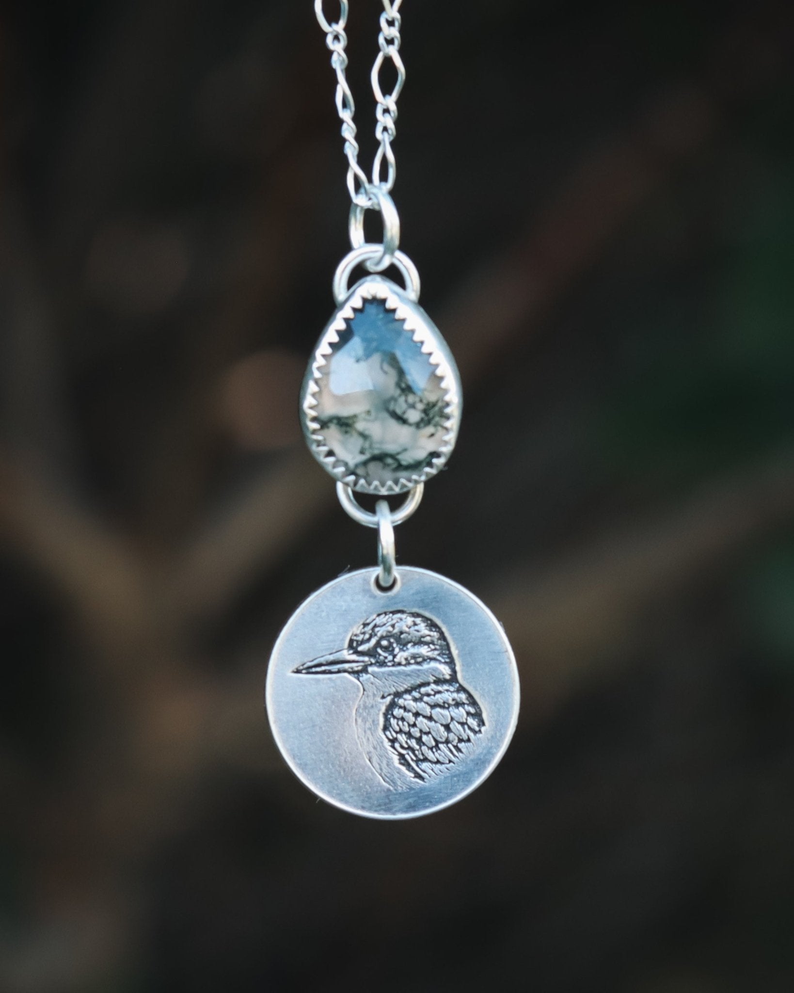 For The Love Of The Forest Kingfisher Moss Agate Necklace - Kowhai and Sage