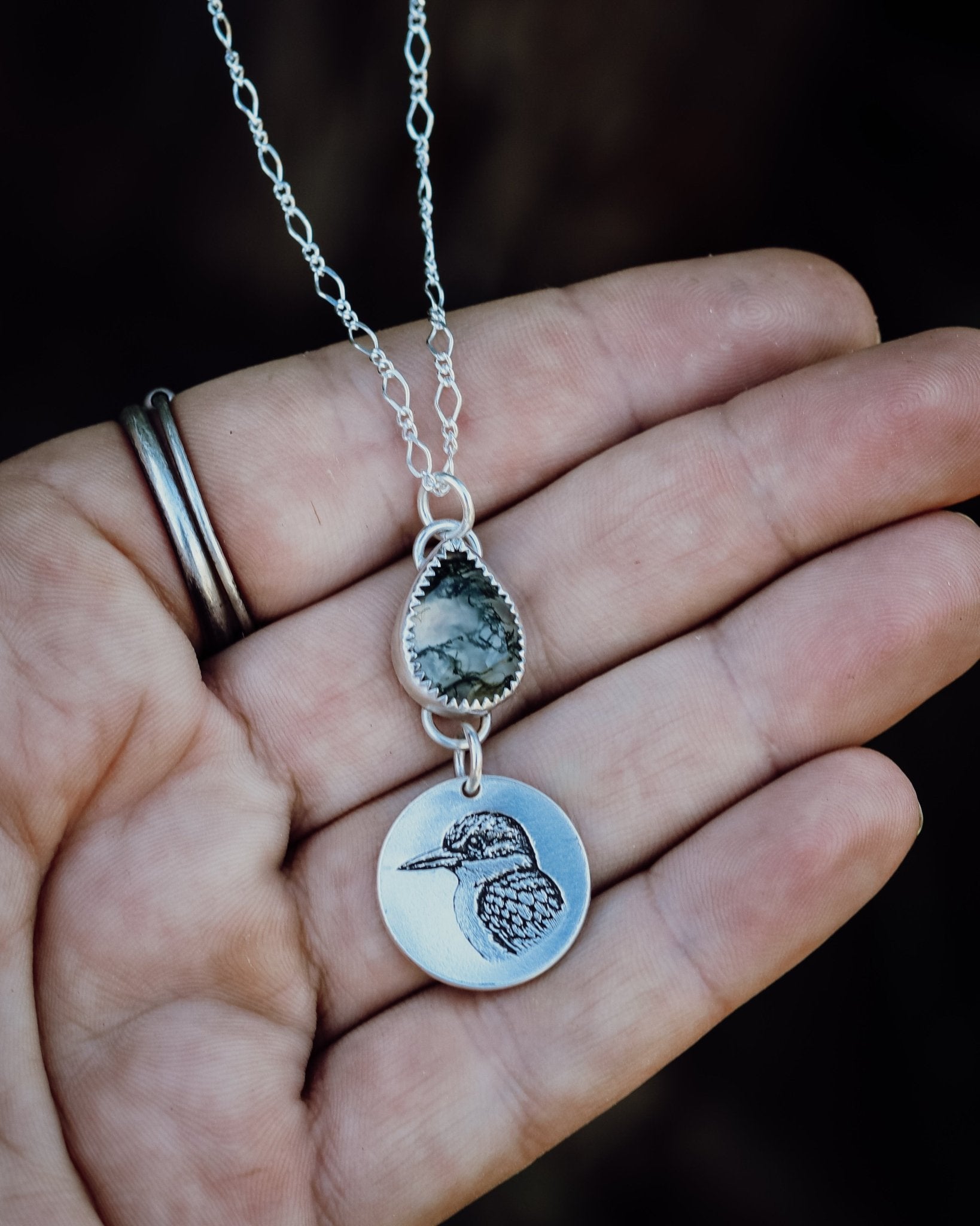 For The Love Of The Forest Kingfisher Moss Agate Necklace - Kowhai and Sage