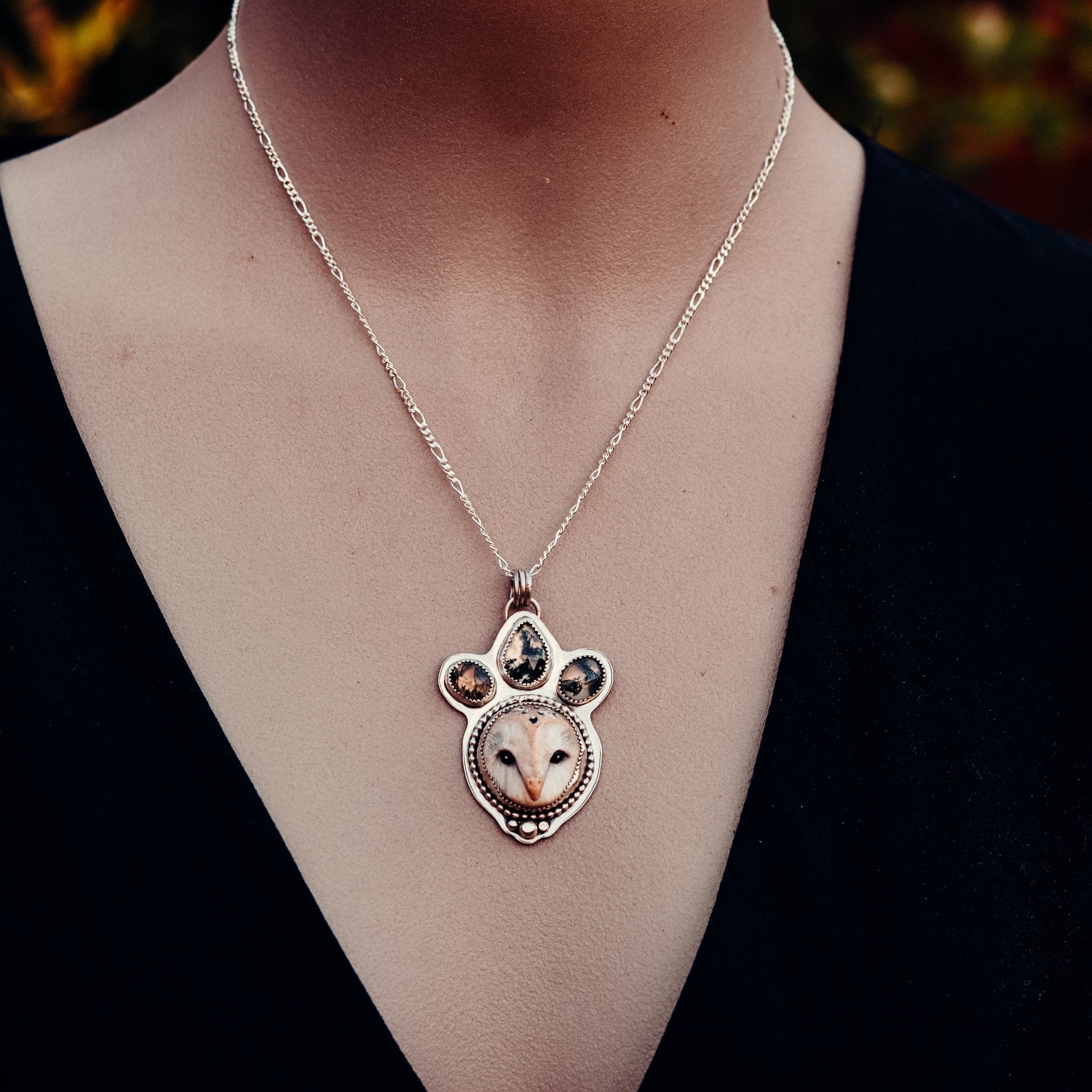 Goddess of the Forest Owl Necklace - Kowhai and Sage