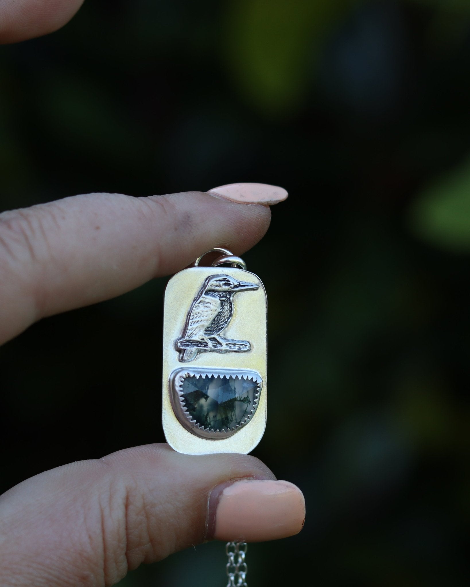 Kingfisher Kotare Moss Agate Necklace - Kowhai and Sage