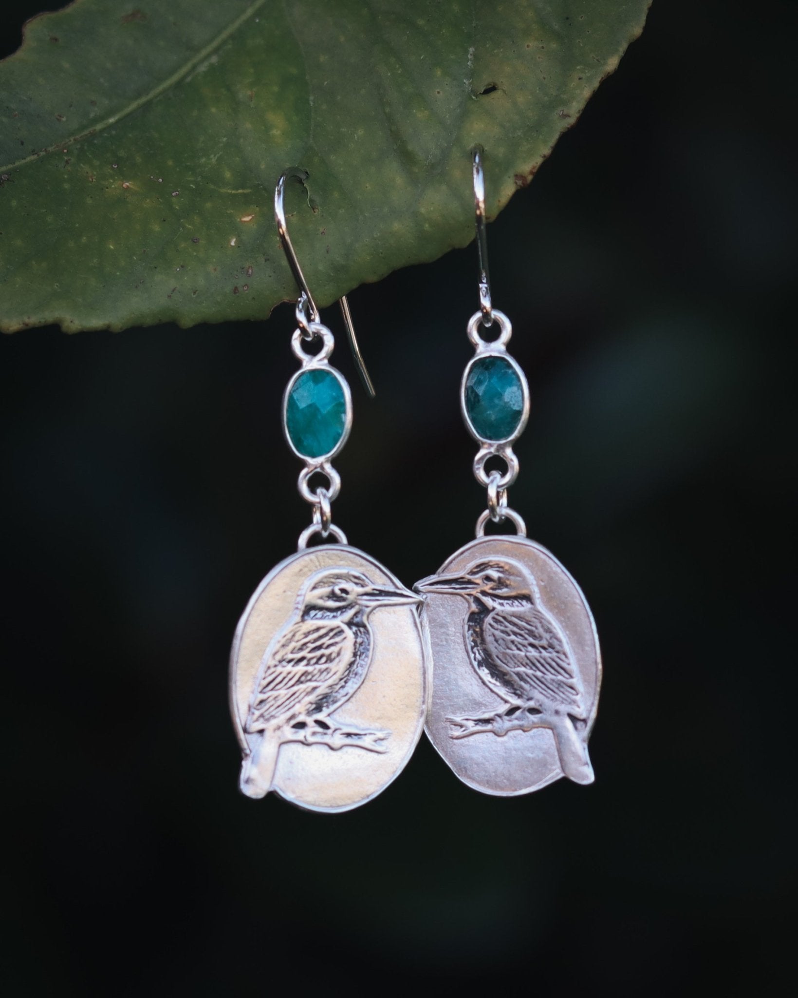 Kotare Kingfisher Emerald Earrings - Kowhai and Sage