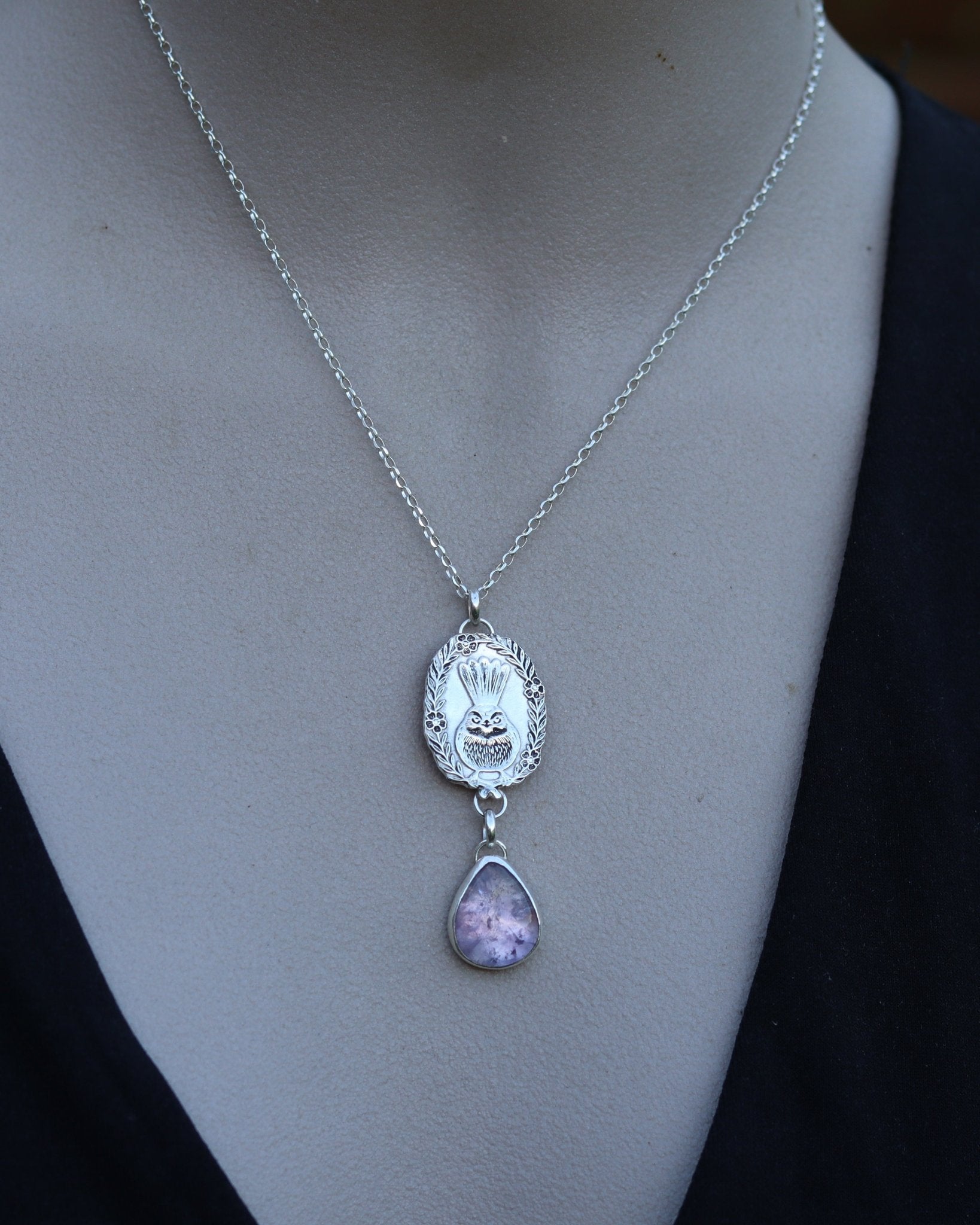 Piwakawaka Fantail Amethyst Necklace - Kowhai and Sage
