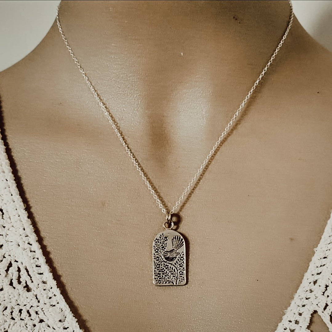 Piwakawaka Fantail Arch Necklace - Kowhai and Sage
