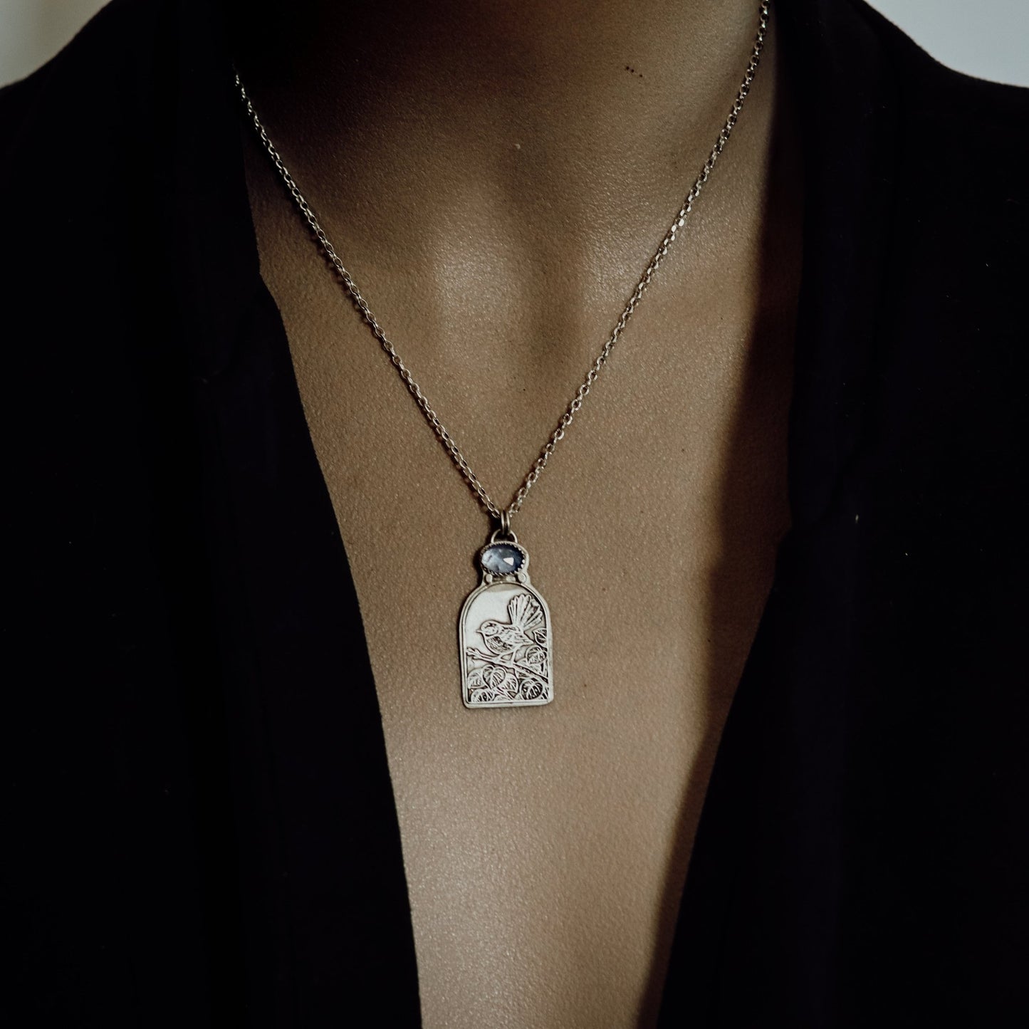 "She Flitted Through The Day With Joy" Piwakawaka Fantail Necklace - Kowhai and Sage