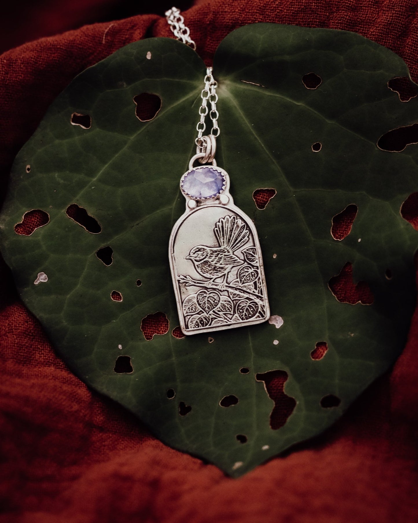 "She Flitted Through The Day With Joy" Piwakawaka Fantail Necklace - Kowhai and Sage