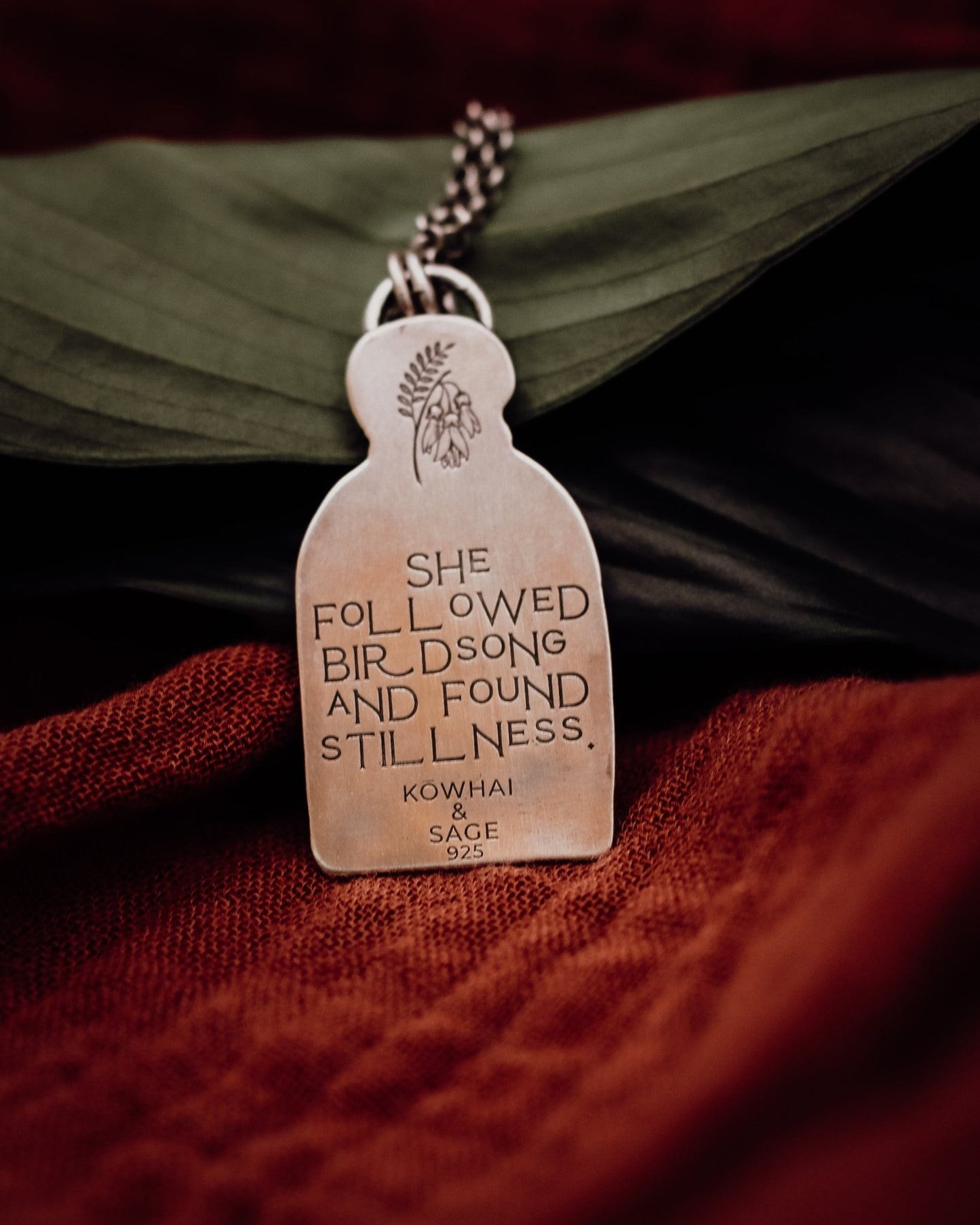 "She Followed Birdsong and Found Stillness" Kotare Kingfisher Necklace - Kowhai and Sage