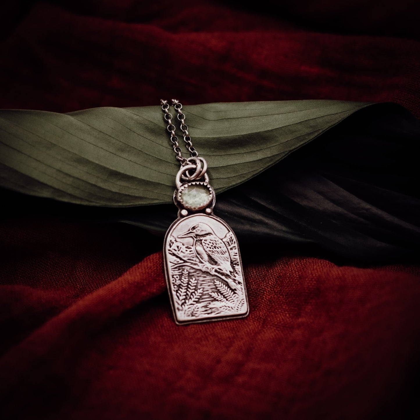 "She Followed Birdsong and Found Stillness" Kotare Kingfisher Necklace - Kowhai and Sage