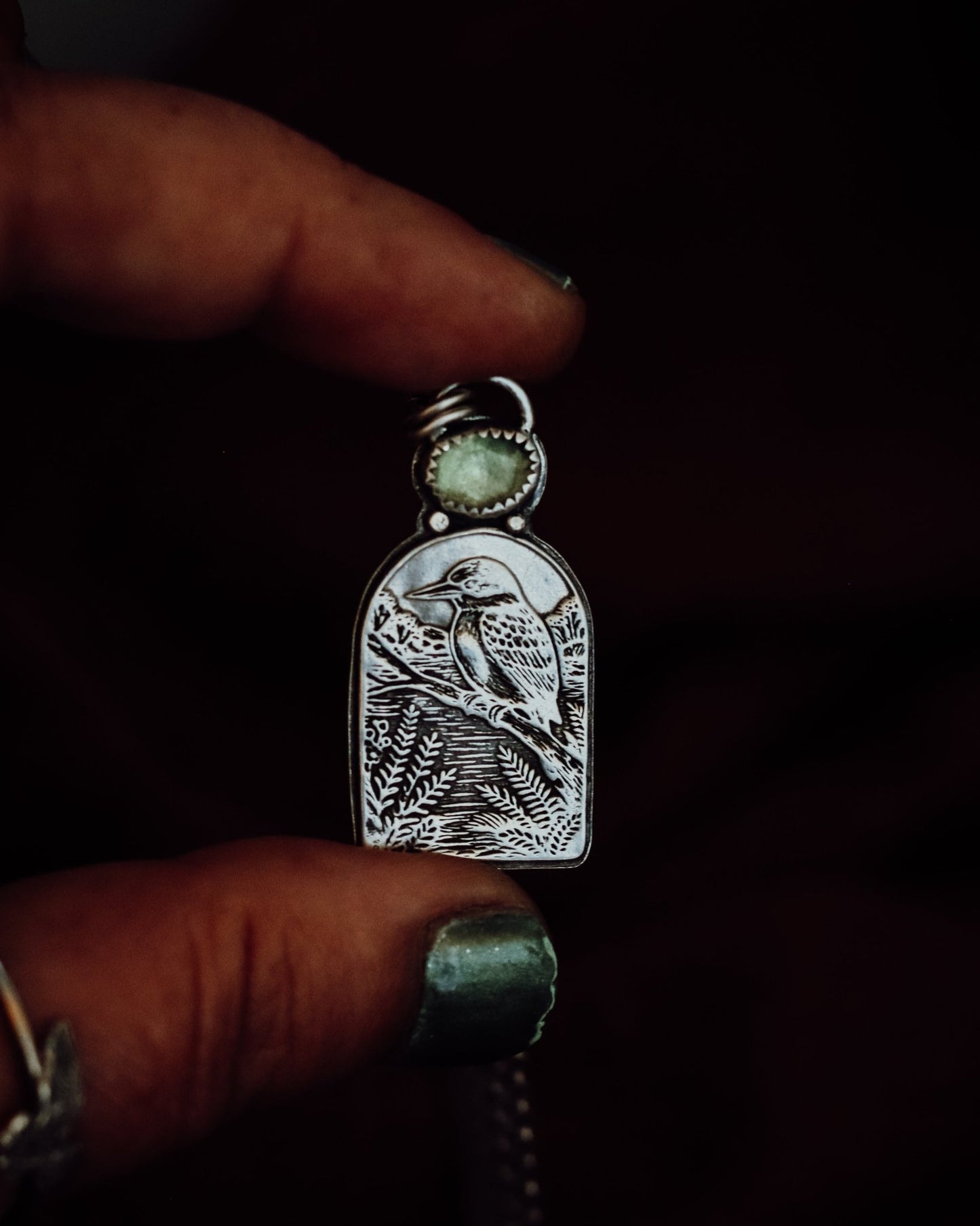 "She Followed Birdsong and Found Stillness" Kotare Kingfisher Necklace - Kowhai and Sage