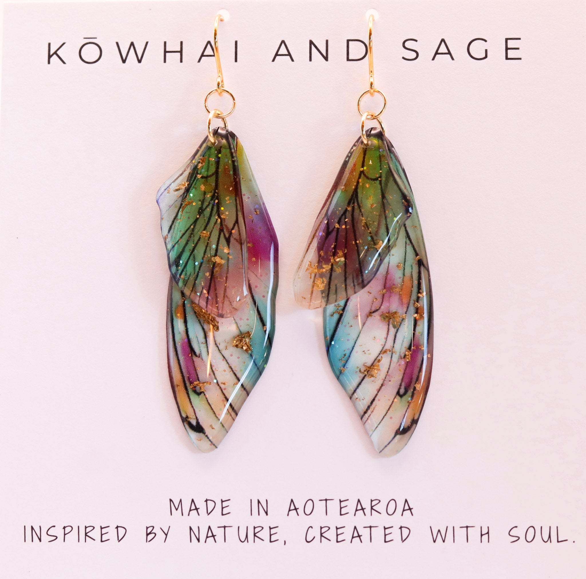 Spring Watercolours Butterfly Wing Earrings - Kowhai and Sage