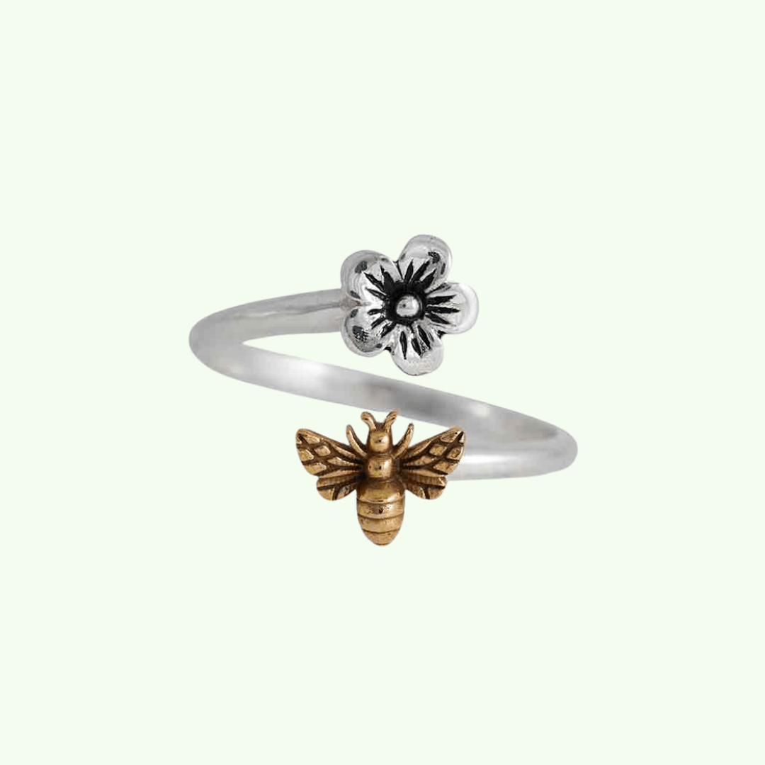 Sterling Silver Bee & Manuka Blossom Adjustable Ring - Kowhai and Sage