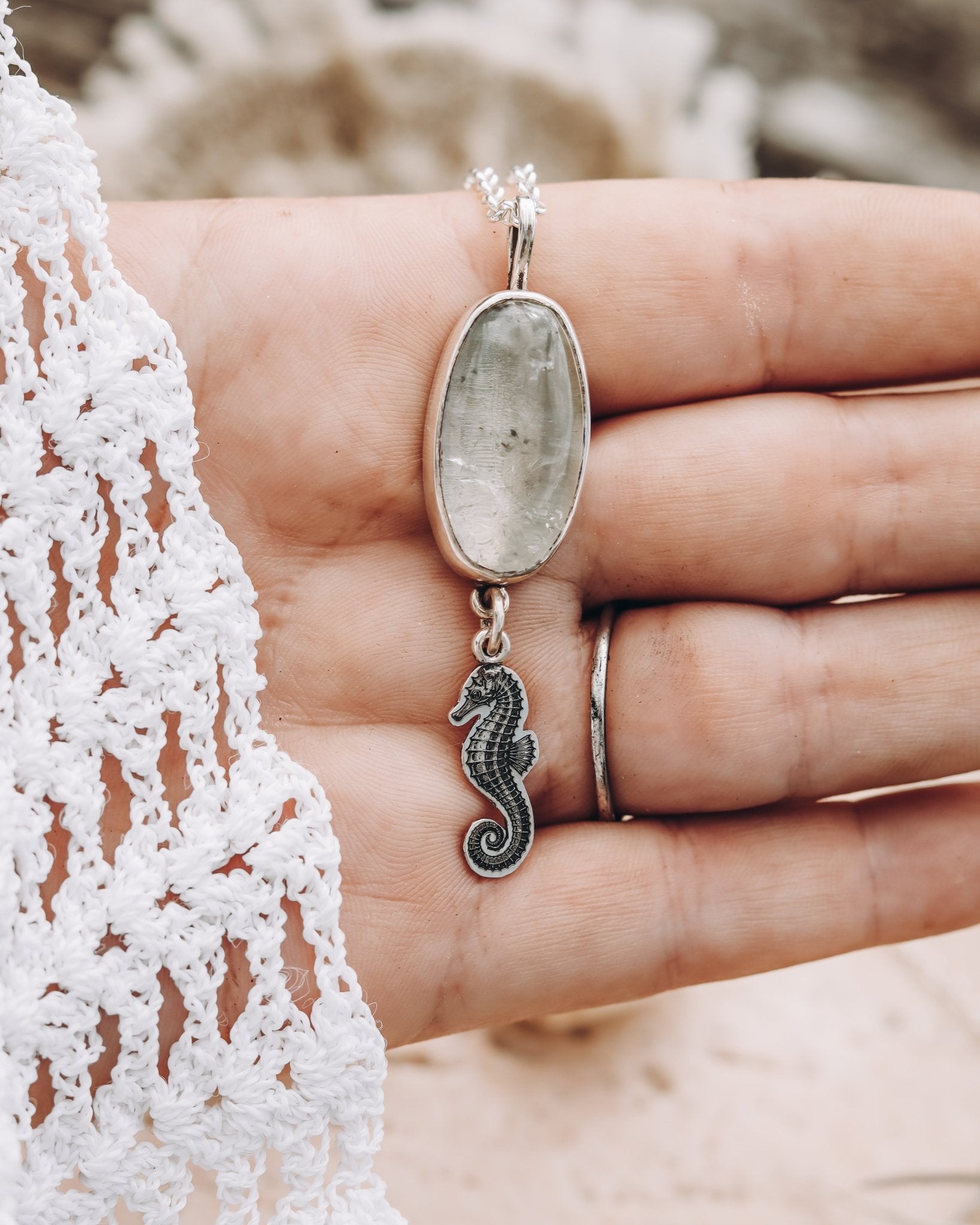 "The ocean is calling and i must go" Green Amethyst Seahorse Necklace - Kowhai and Sage
