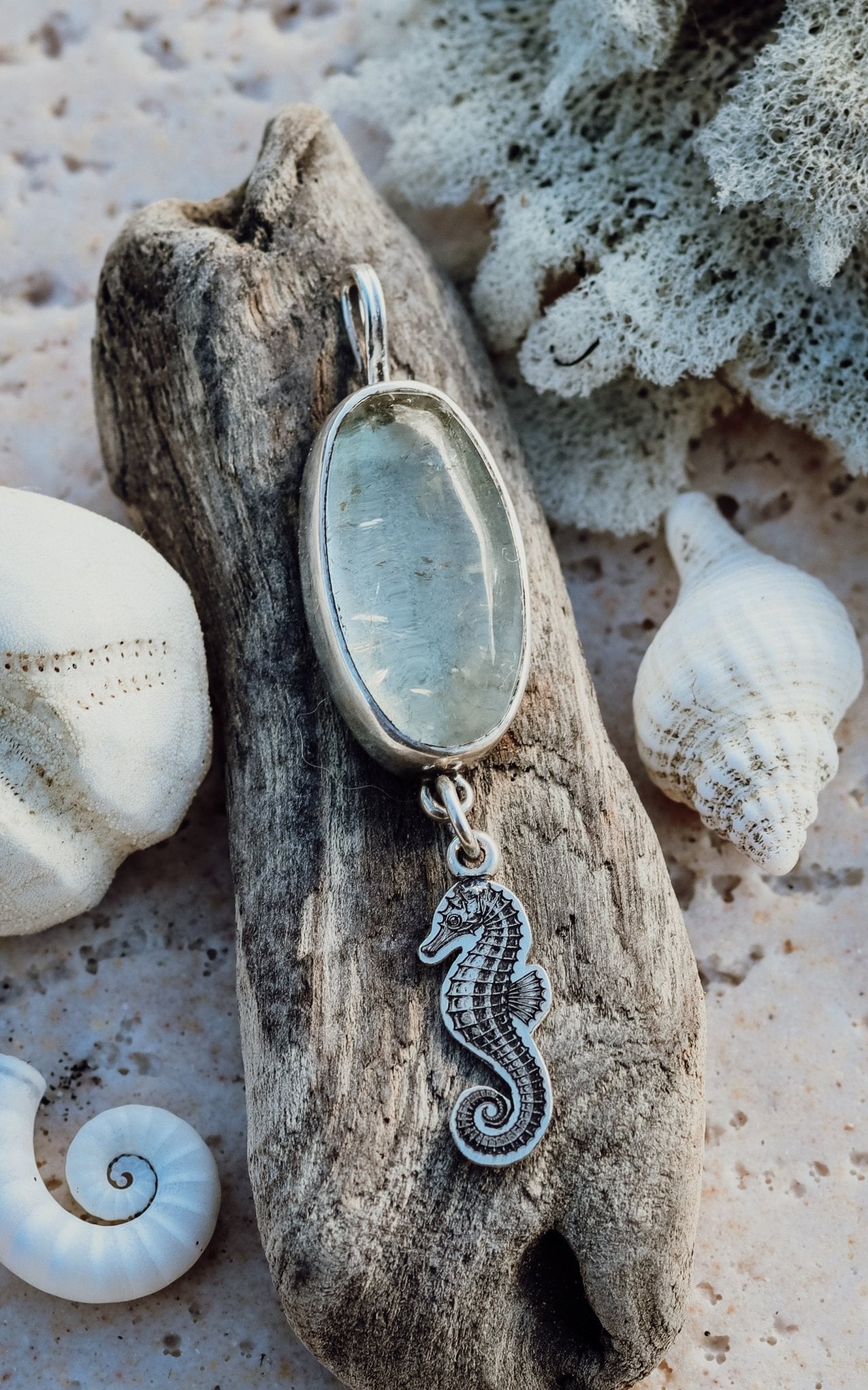 "The ocean is calling and i must go" Green Amethyst Seahorse Necklace - Kowhai and Sage