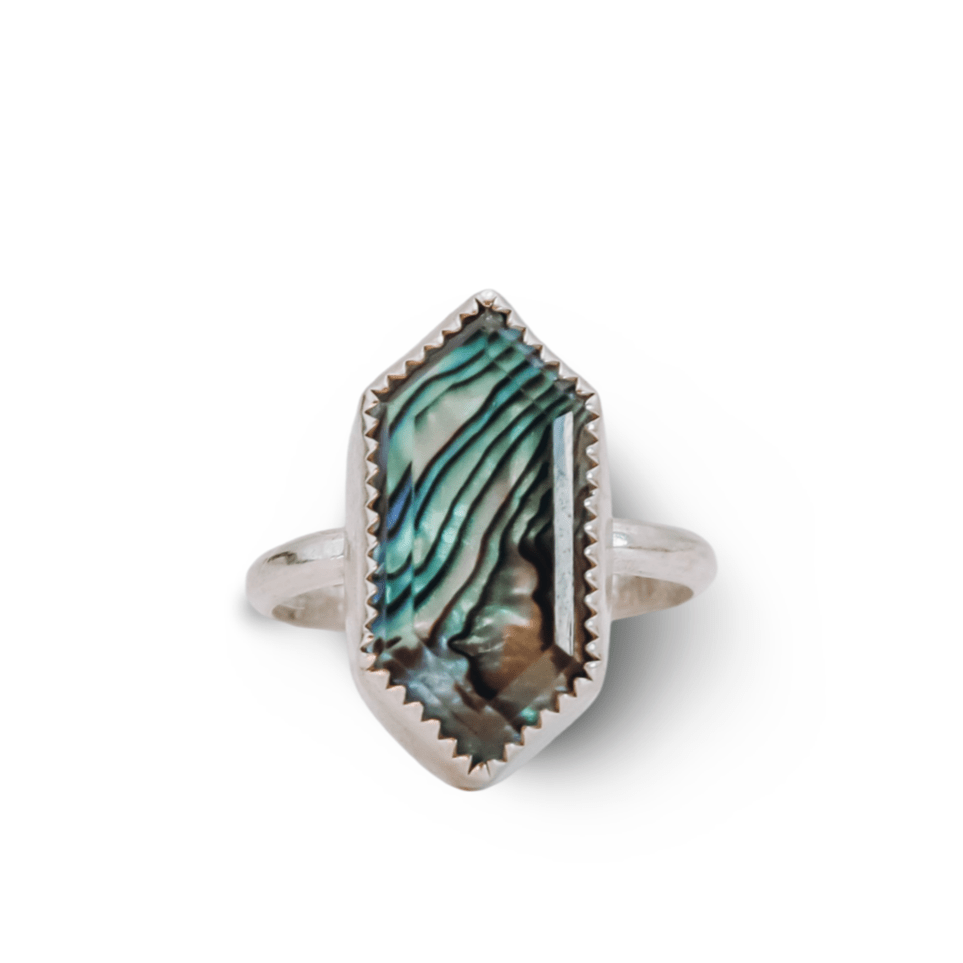 "The Sea Helps Me Get Back To Me" Paua Ocean Ring Size 8.5 - Kowhai and Sage