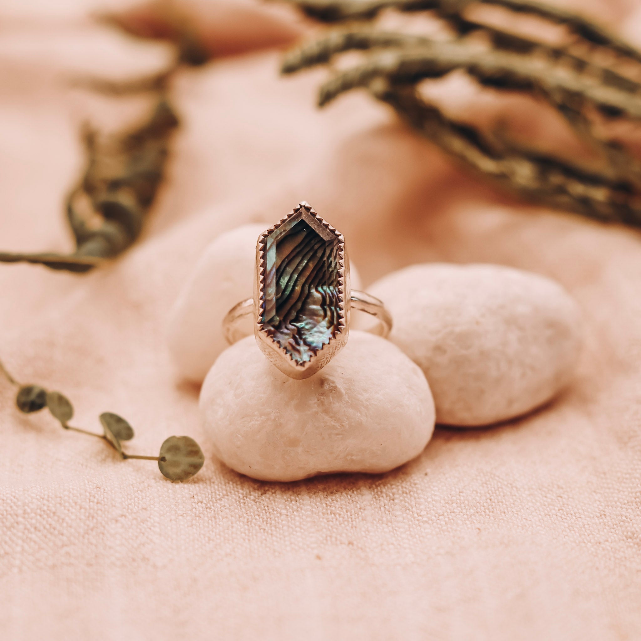 "The Sea Helps Me Get Back To Me" Paua Ocean Ring Size 8.5 - Kowhai and Sage