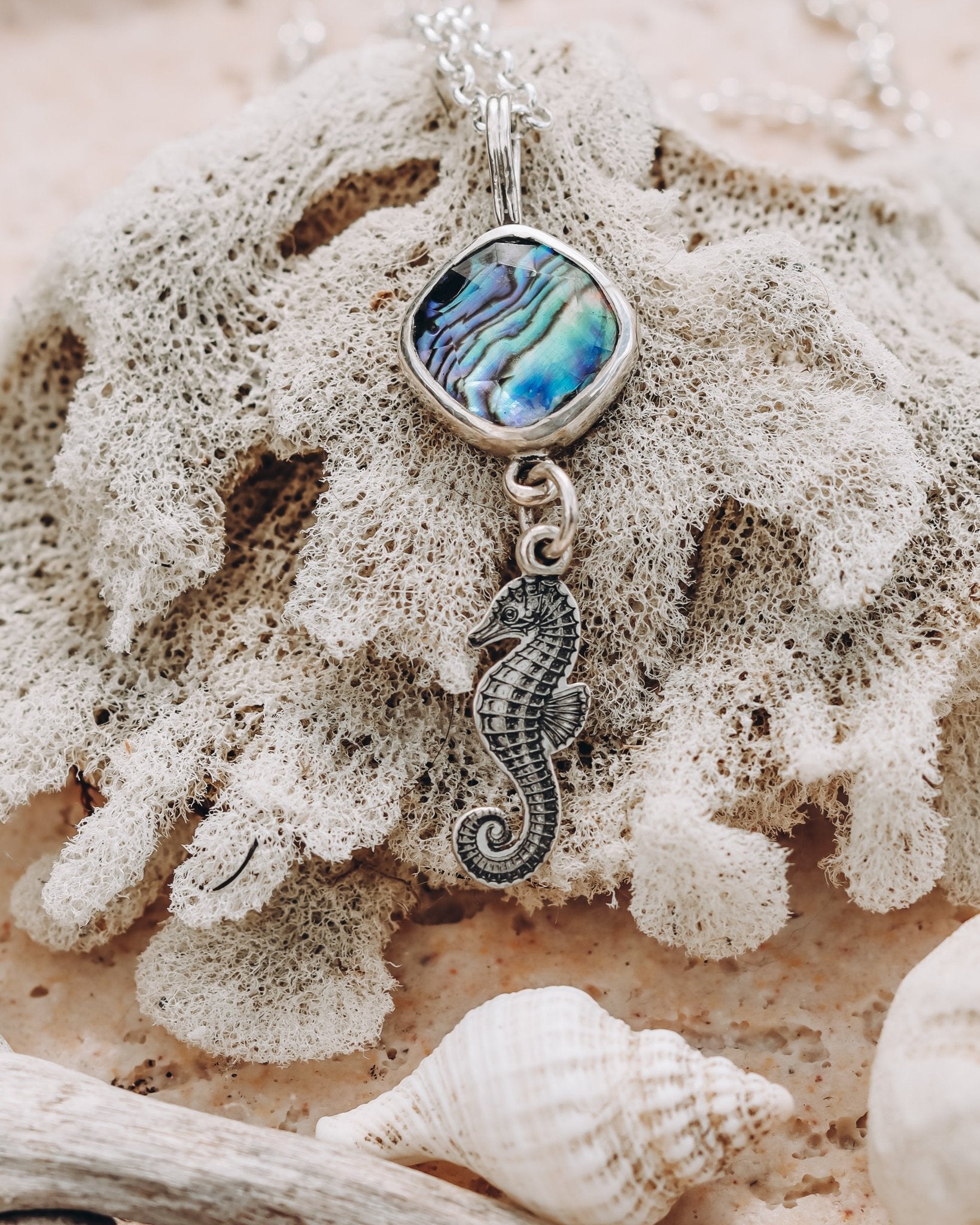 "The sea helps me get back to me" Paua Seahorse Necklace - Kowhai and Sage