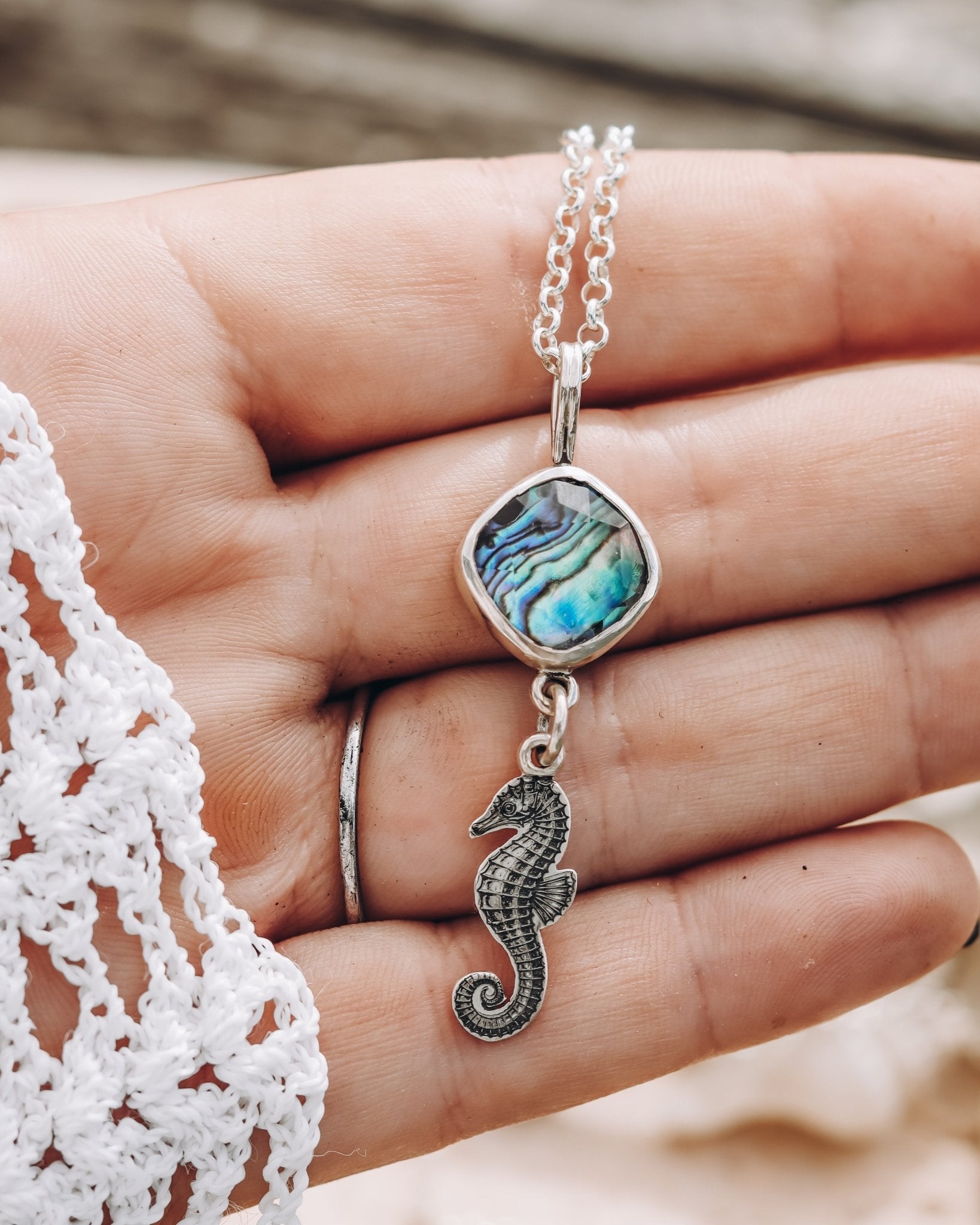 "The sea helps me get back to me" Paua Seahorse Necklace - Kowhai and Sage