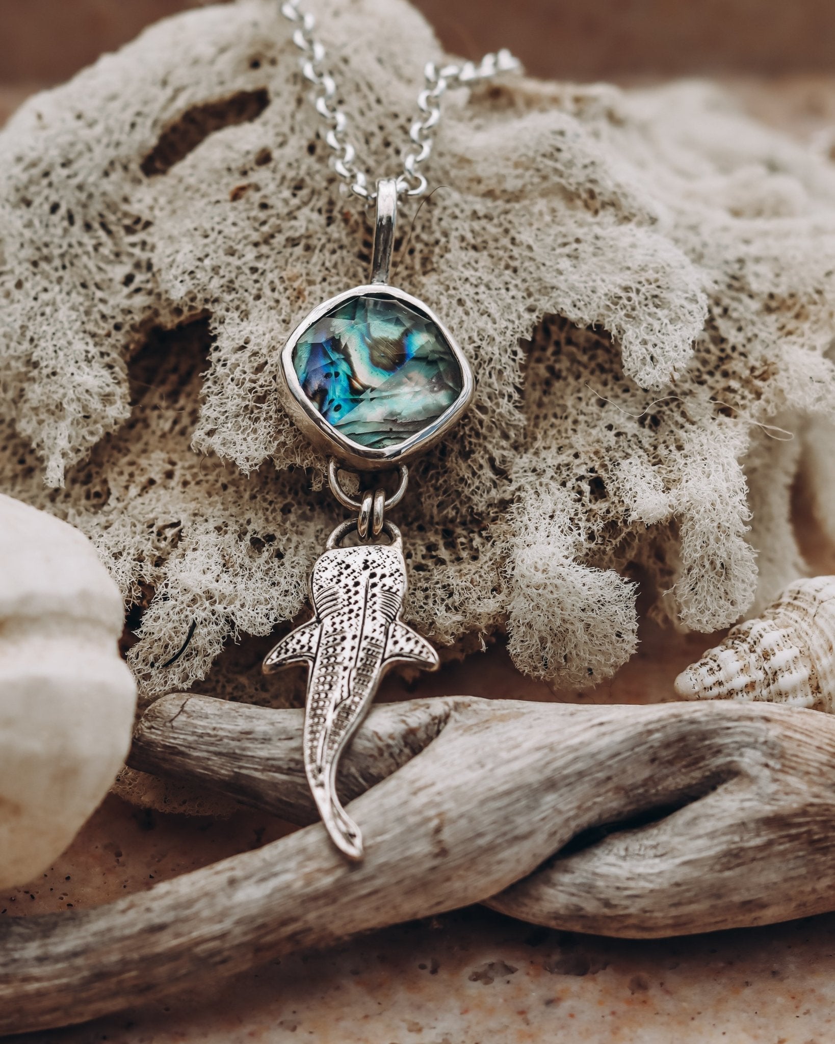 "The sea helps me get back to me" Paua Whale Shark Necklace - Kowhai and Sage