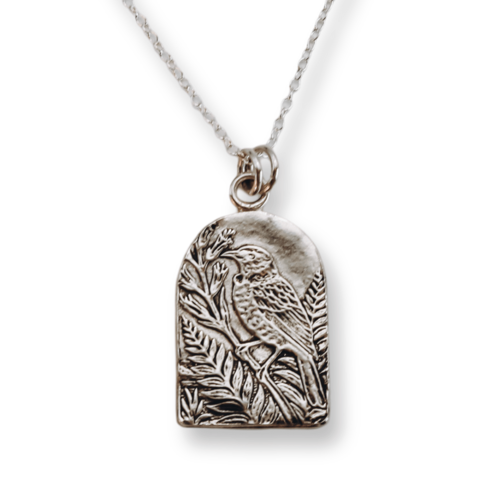 Tui on Flax Arch Necklace - Kowhai and Sage
