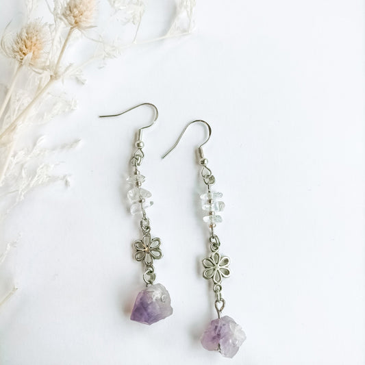 Amethyst and Quartz Flower Earrings - Kowhai and Sage