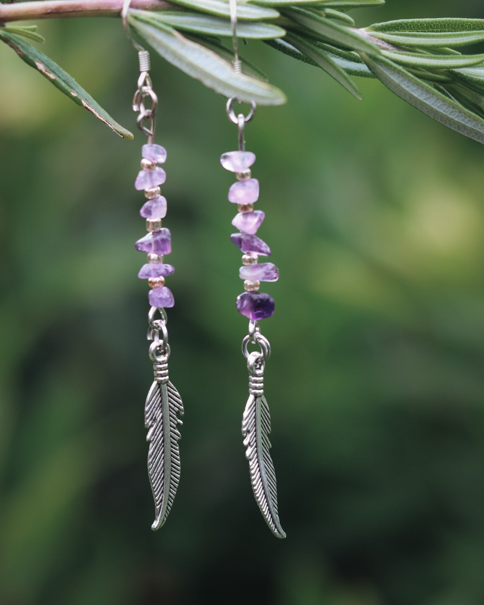 Amethyst Feather Earrings - Kowhai and Sage