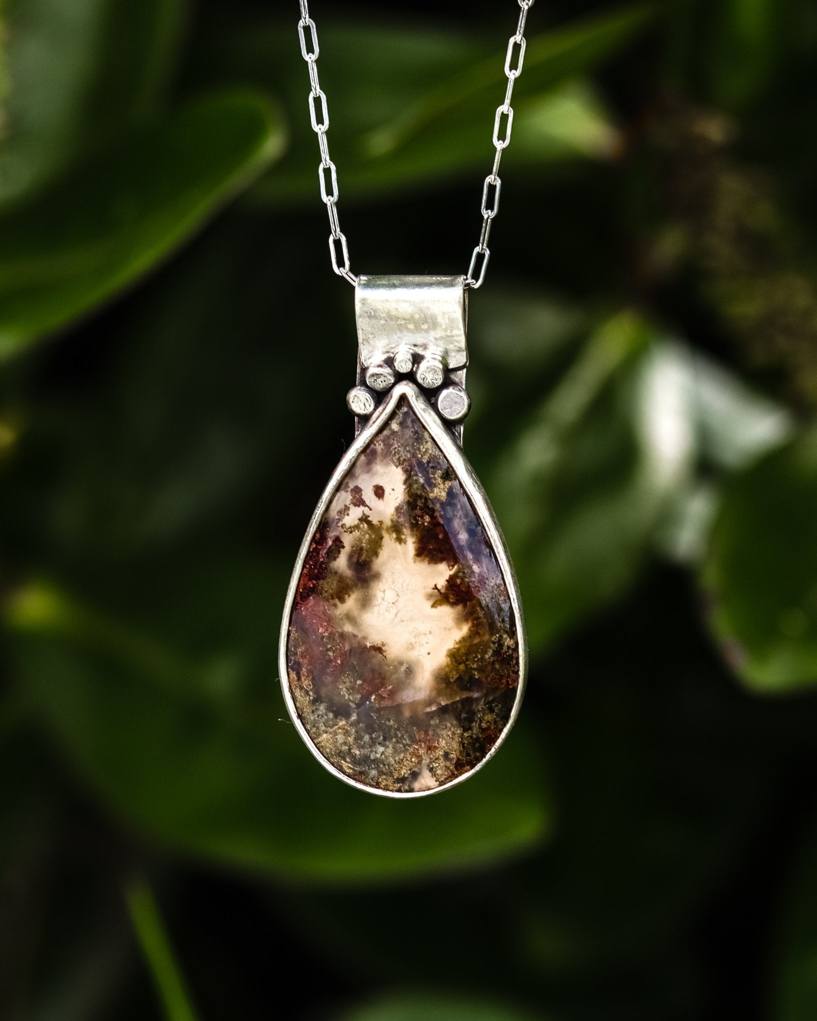 Among Trees and Birds, I am at Peace Moss Agate Necklace - Kowhai and Sage