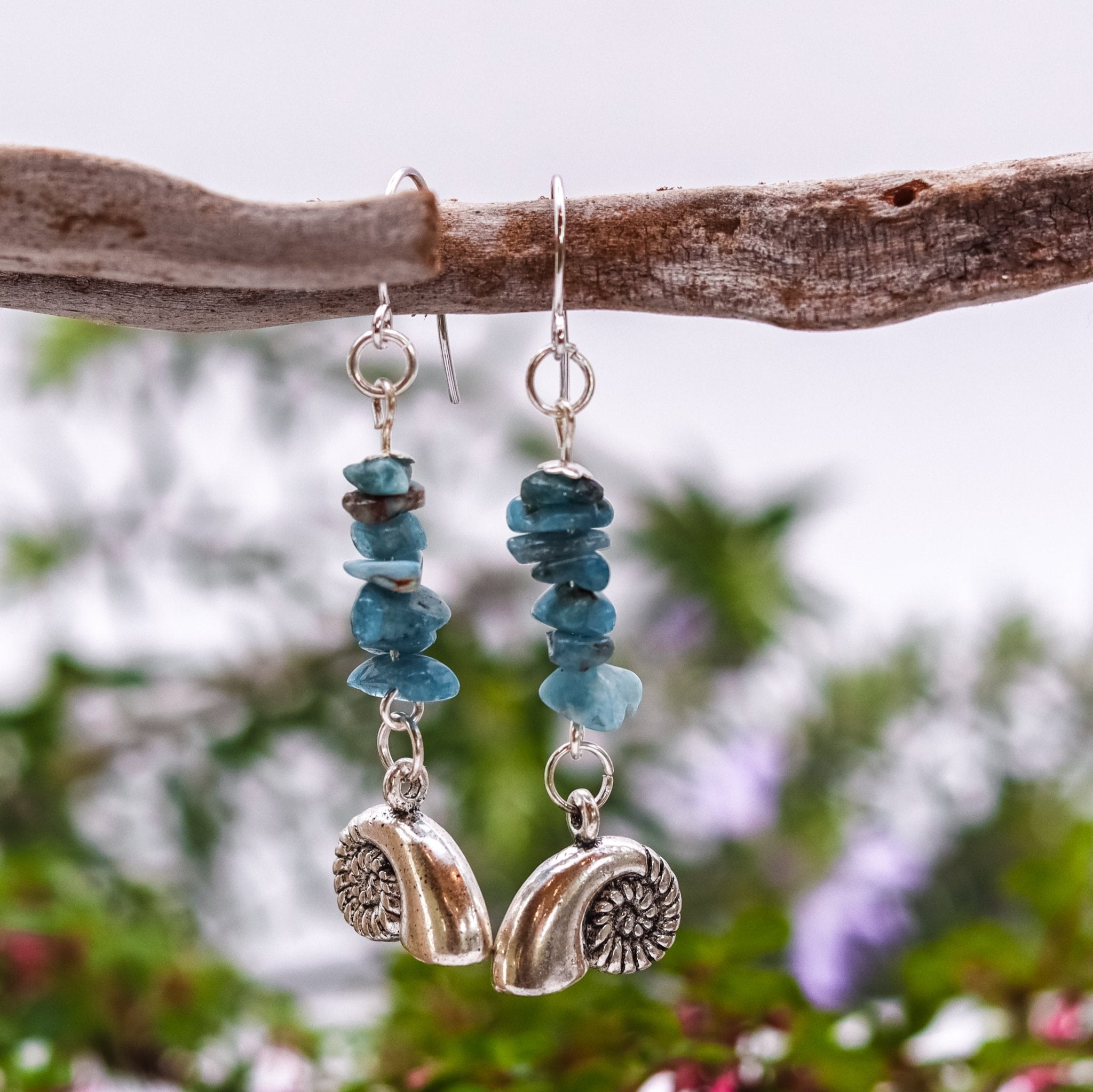 Apatite Crystal and Nautilus Earrings - Kowhai and Sage
