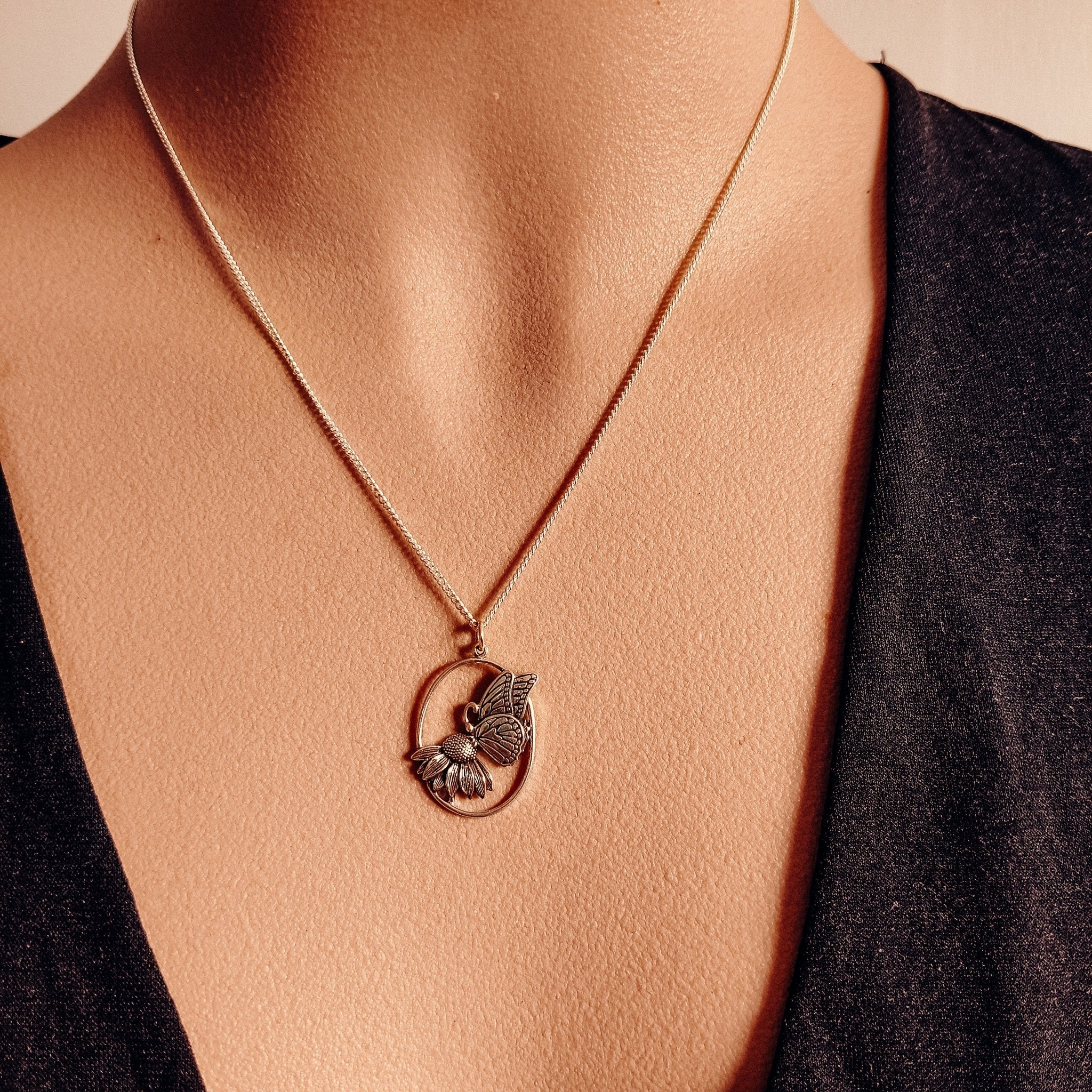 Butterfly on Flower Talisman Necklace - Kowhai and Sage