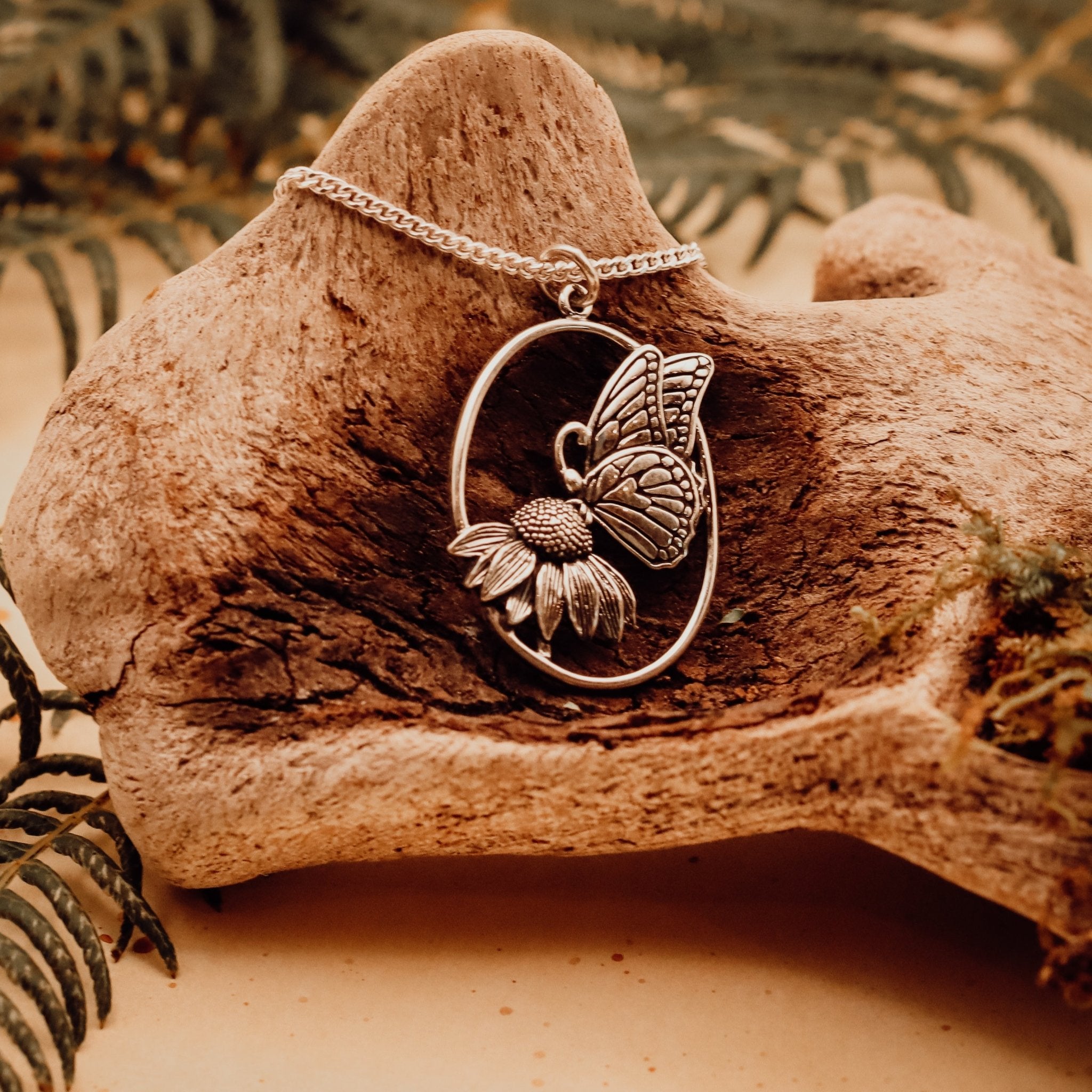 Butterfly on Flower Talisman Necklace - Kowhai and Sage