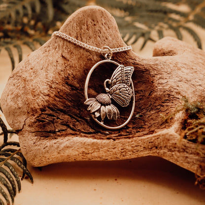 Butterfly on Flower Talisman Necklace - Kowhai and Sage