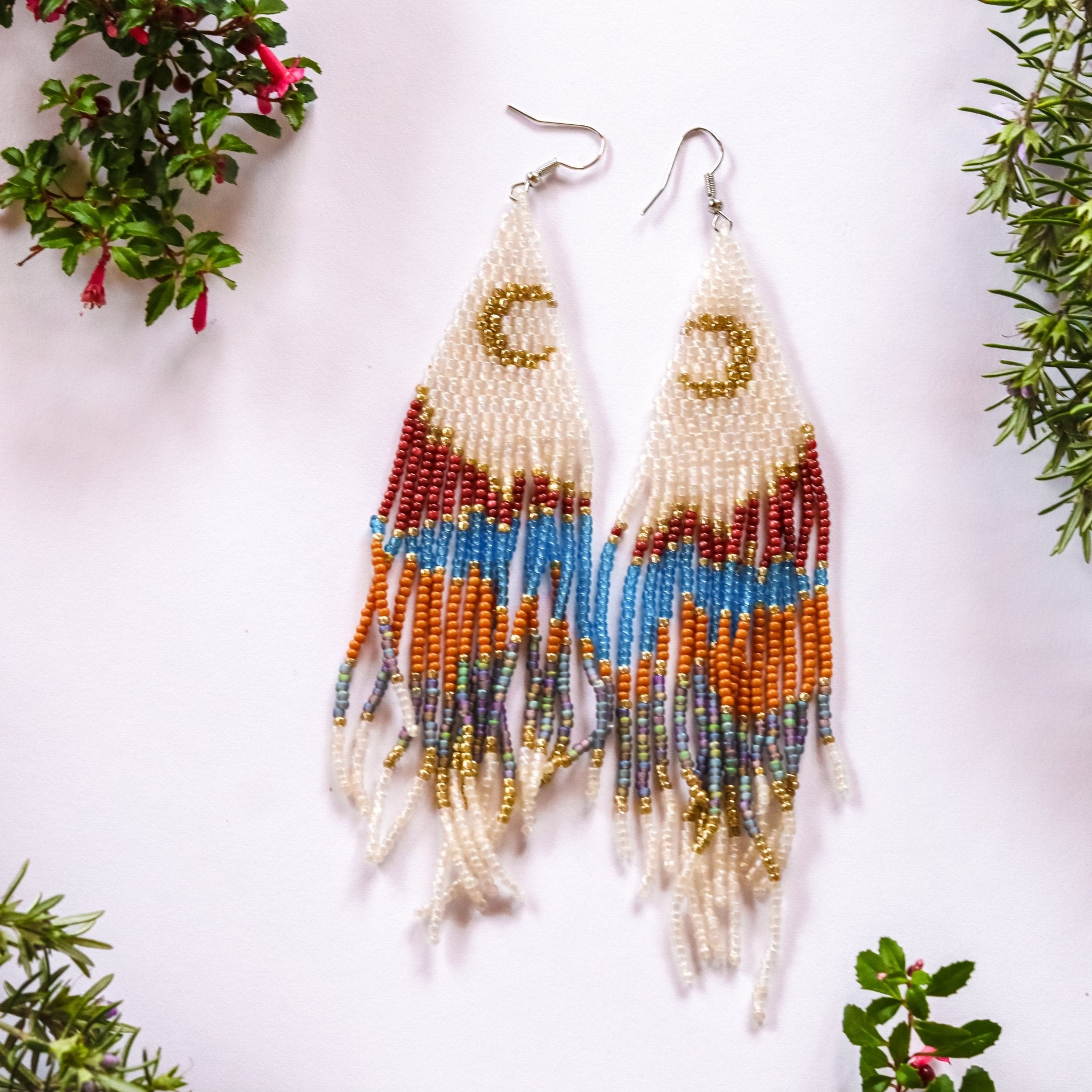 Coastal Moon Beaded Earrings - Kowhai and Sage