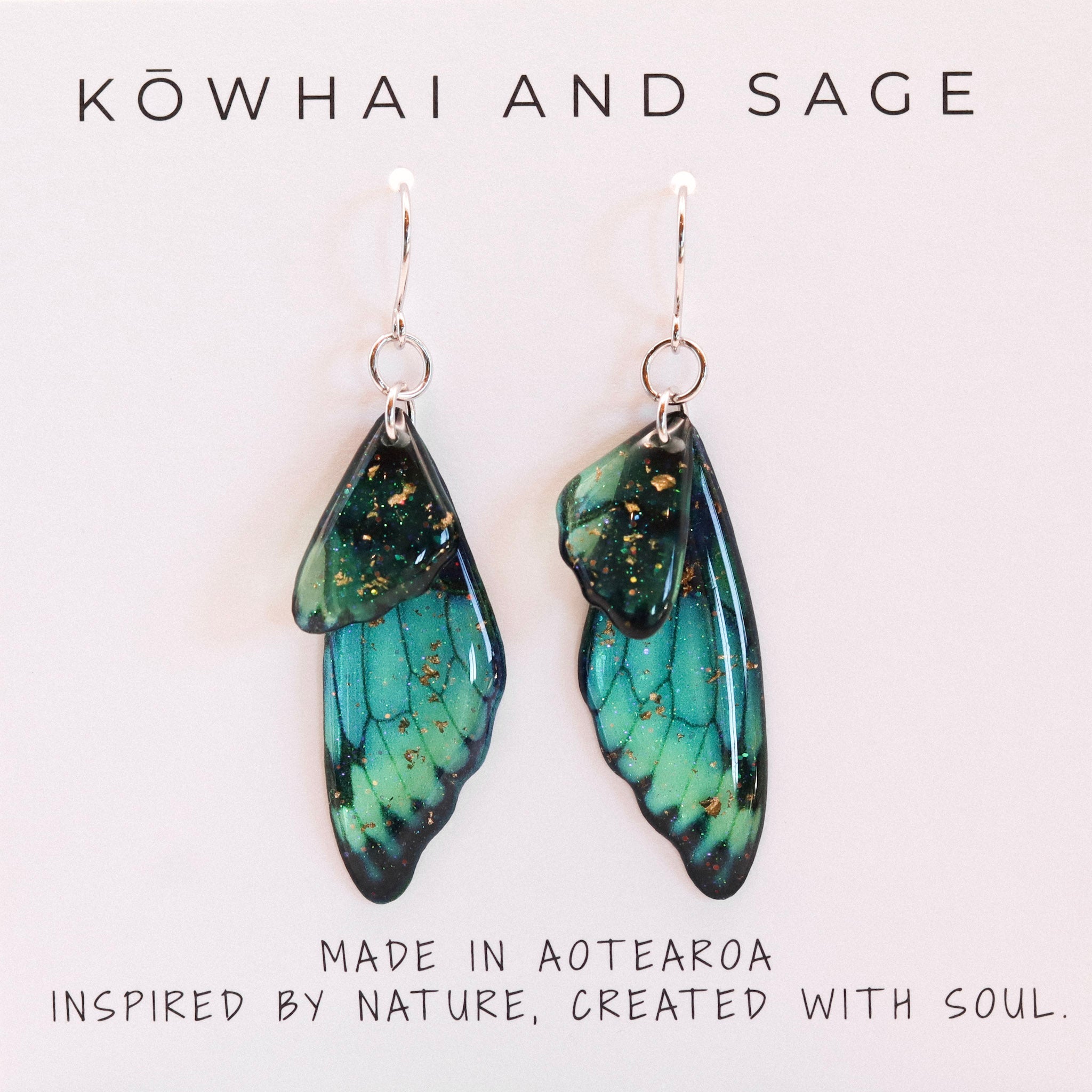 Emerald Butterfly Wing Earrings - Kowhai and Sage