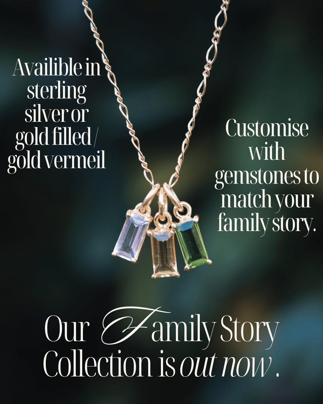 Family Story Custom Baguette Birthstone Necklace - Kowhai and Sage