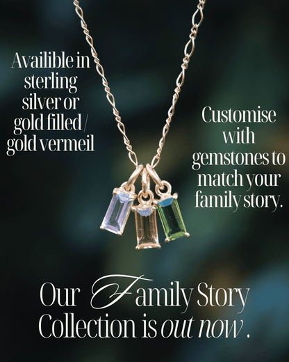 Family Story Custom Baguette Birthstone Necklace - Kowhai and Sage