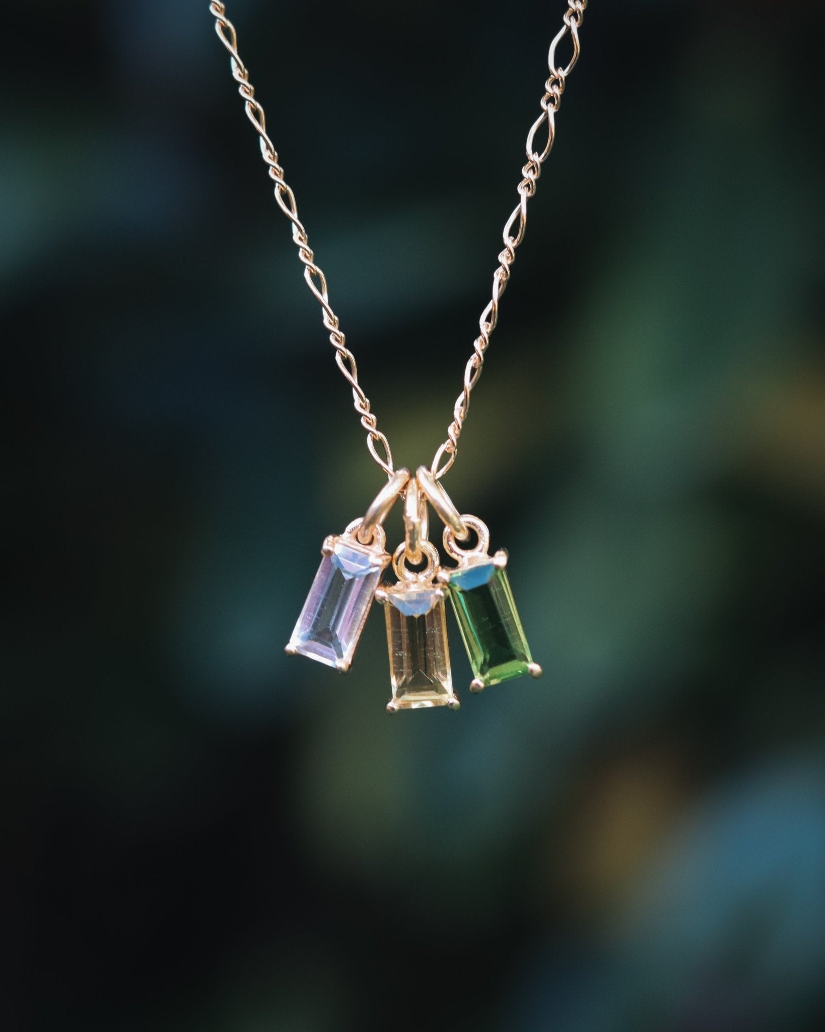 Family Story Custom Baguette Birthstone Necklace - Kowhai and Sage