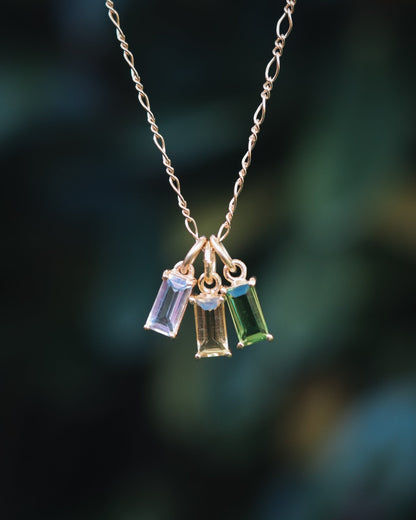 Family Story Custom Baguette Birthstone Necklace - Kowhai and Sage