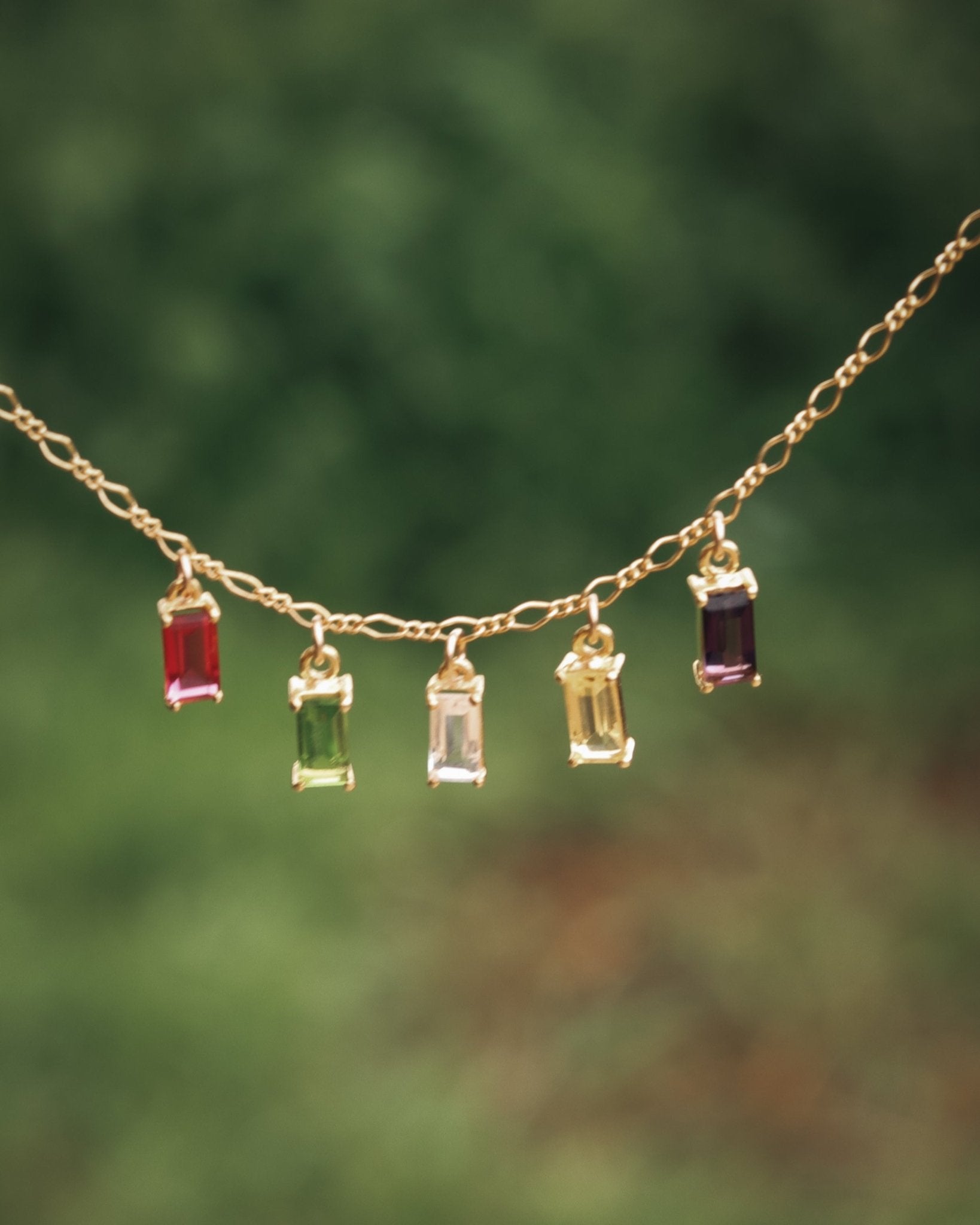 Family Story Custom Baguette Birthstone Necklace - Kowhai and Sage