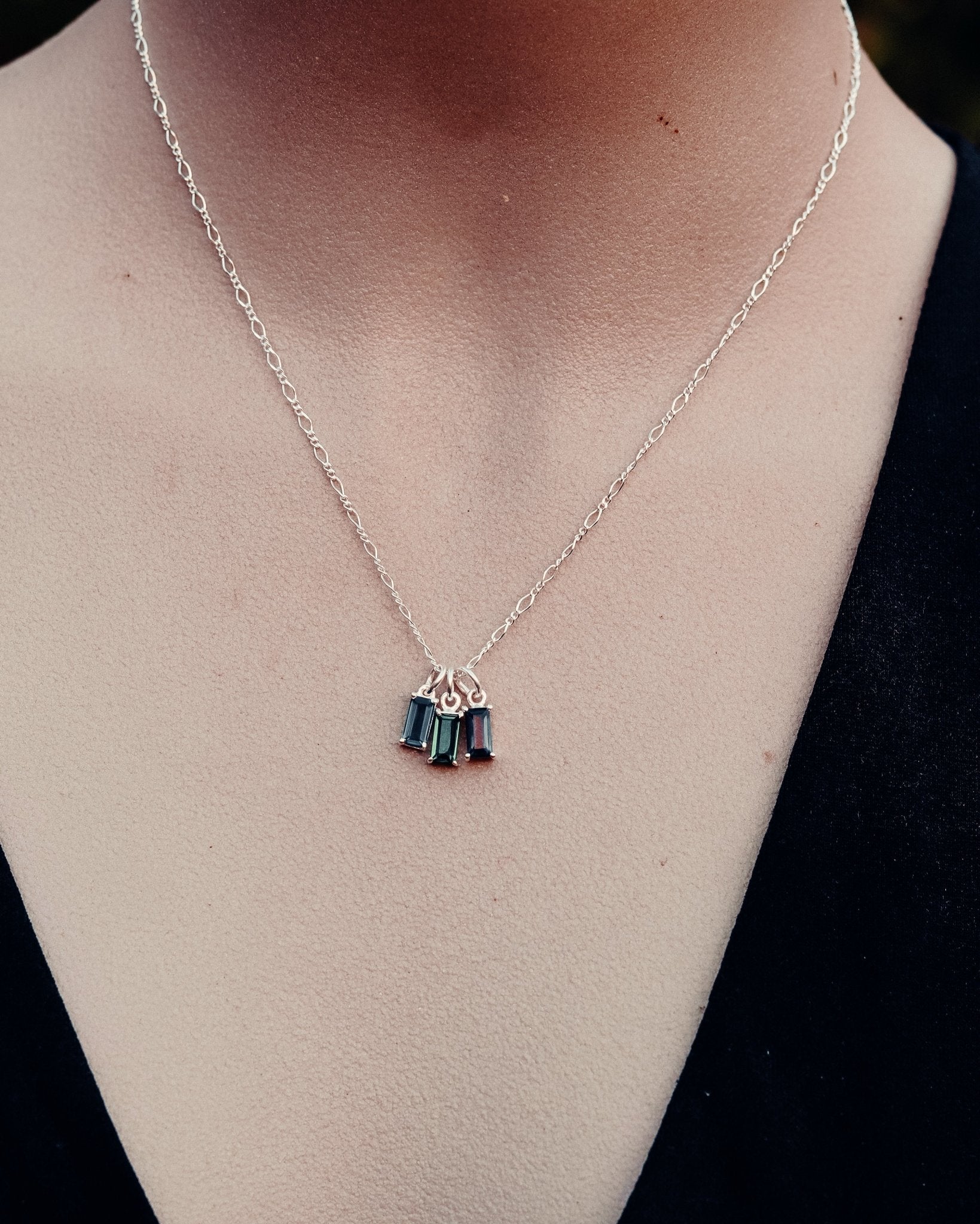 Family Story Custom Baguette Birthstone Necklace - Kowhai and Sage