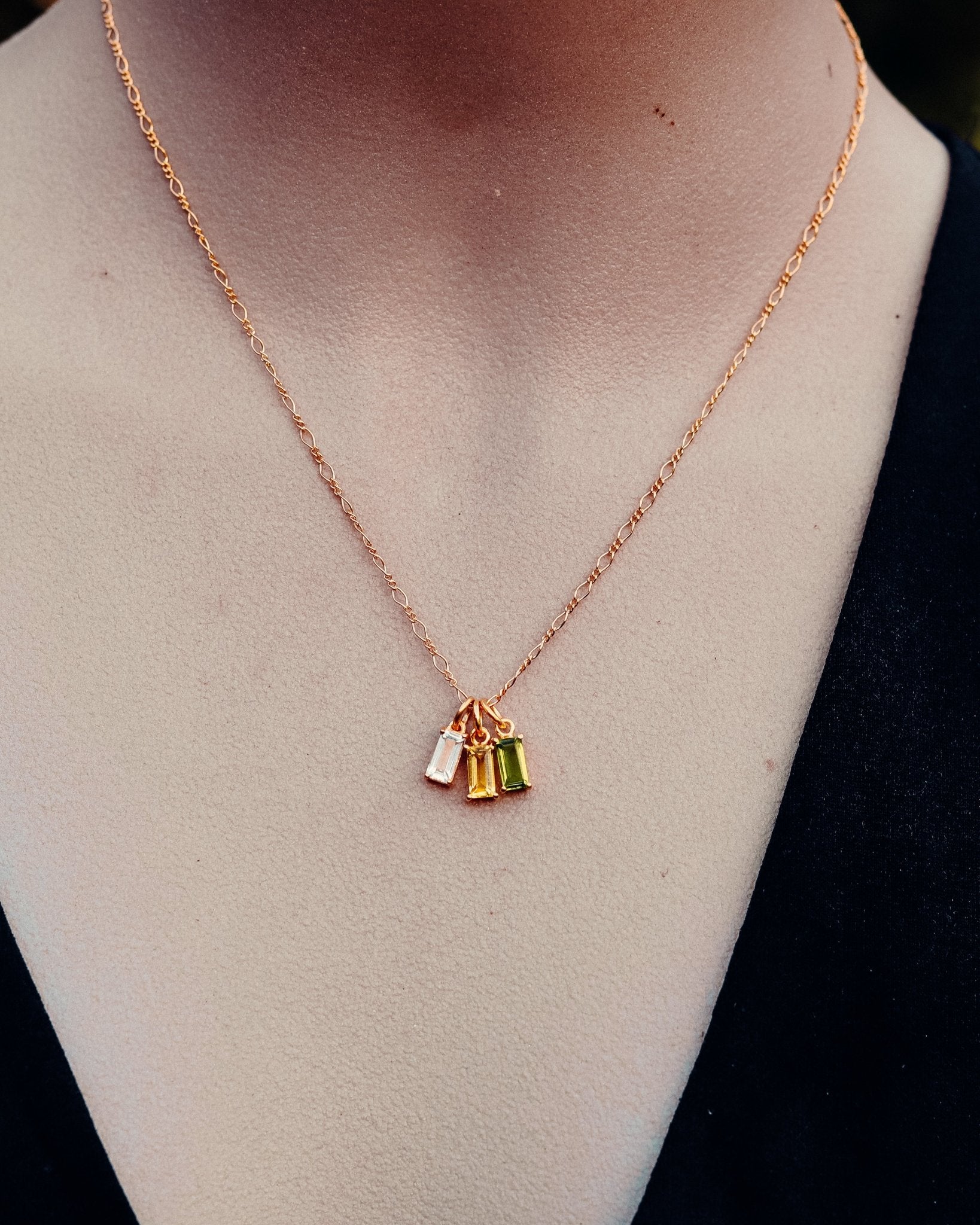 Family Story Custom Baguette Birthstone Necklace - Kowhai and Sage