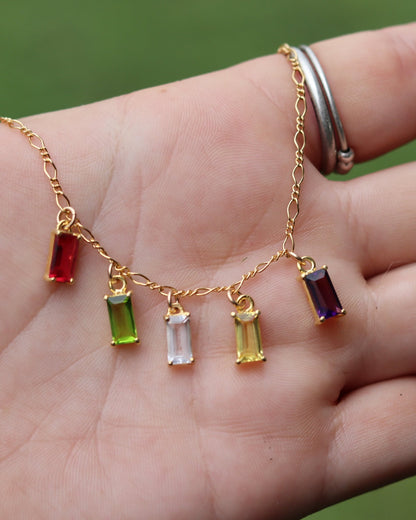 Family Story Custom Baguette Birthstone Necklace - Kowhai and Sage