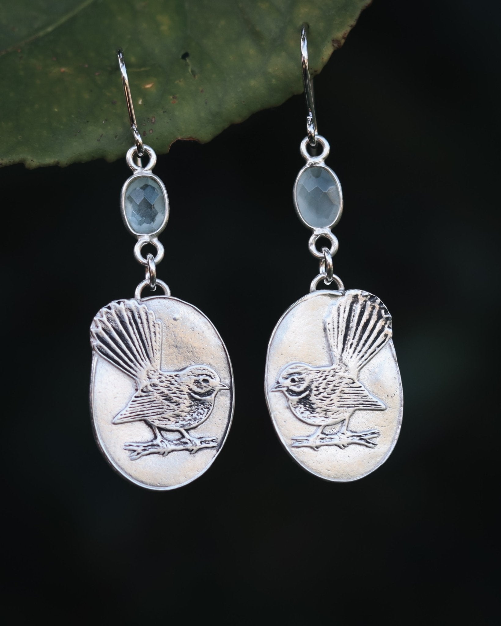 Fantail Piwakawaka Aquamarine Earrings - Kowhai and Sage