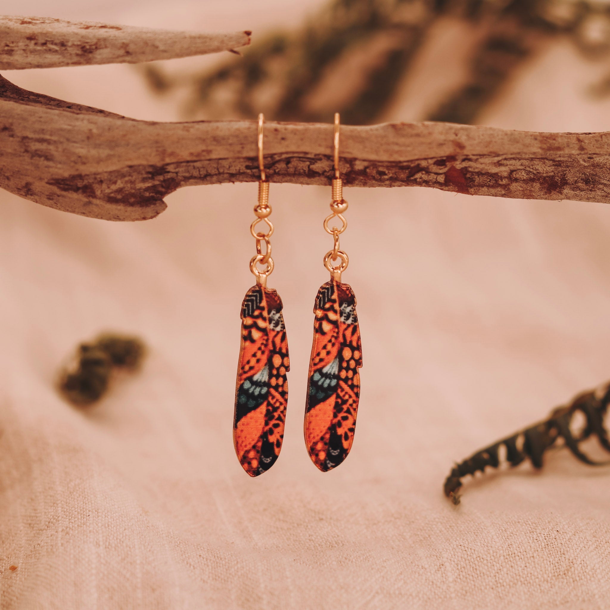 Feather Earrings - Kowhai and Sage