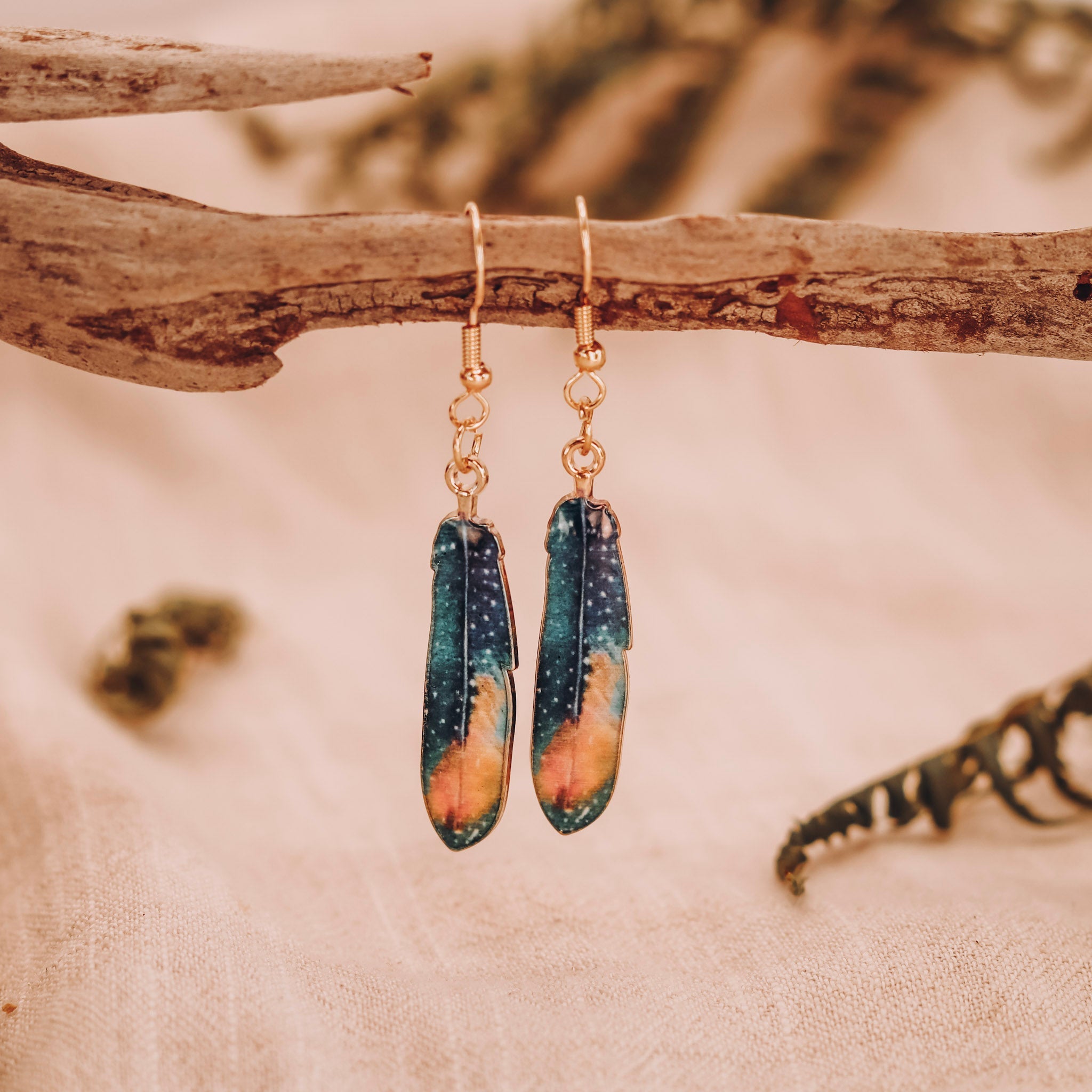 Feather Earrings - Kowhai and Sage