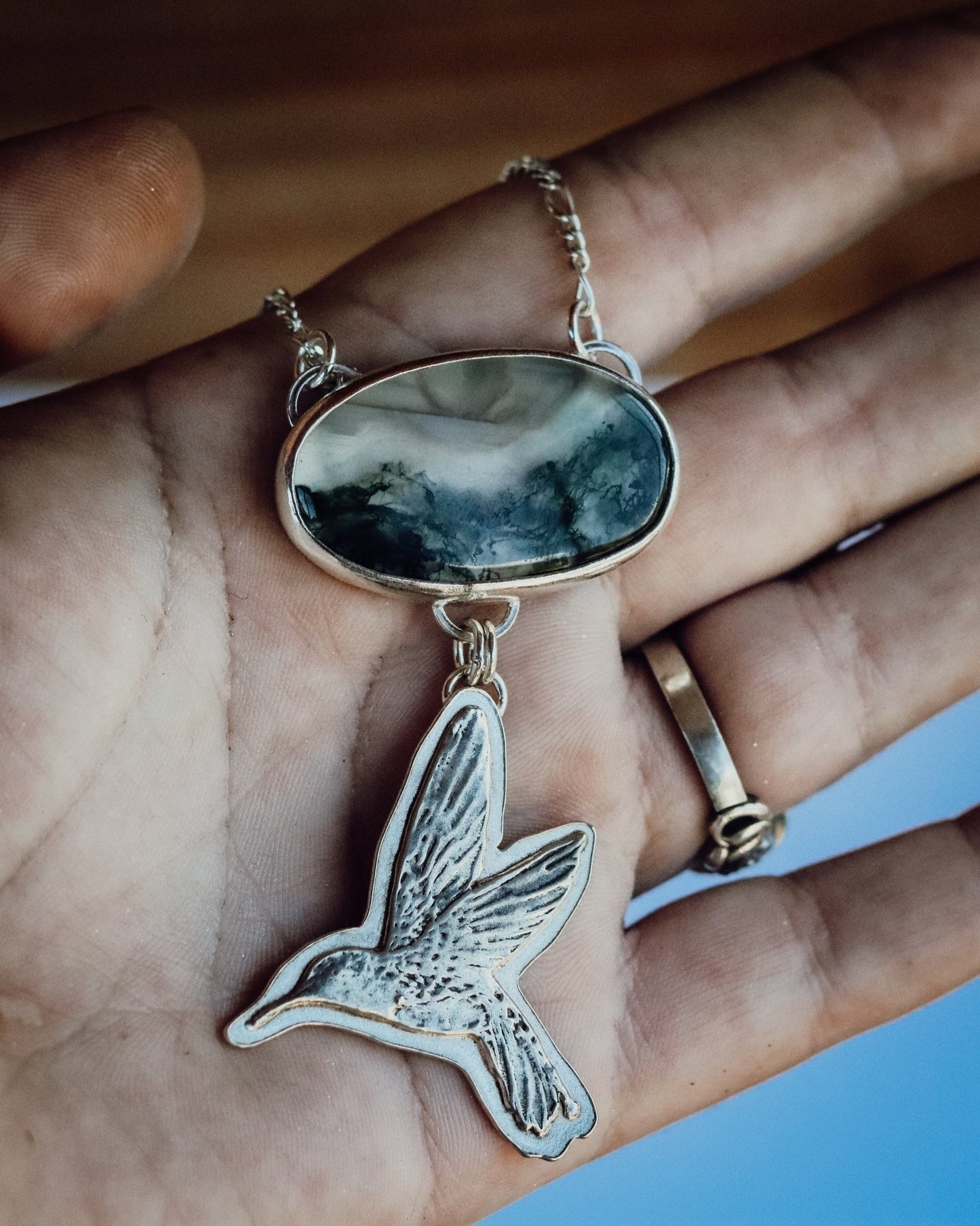 Hummingbird Moss Agate Necklace - Kowhai and Sage