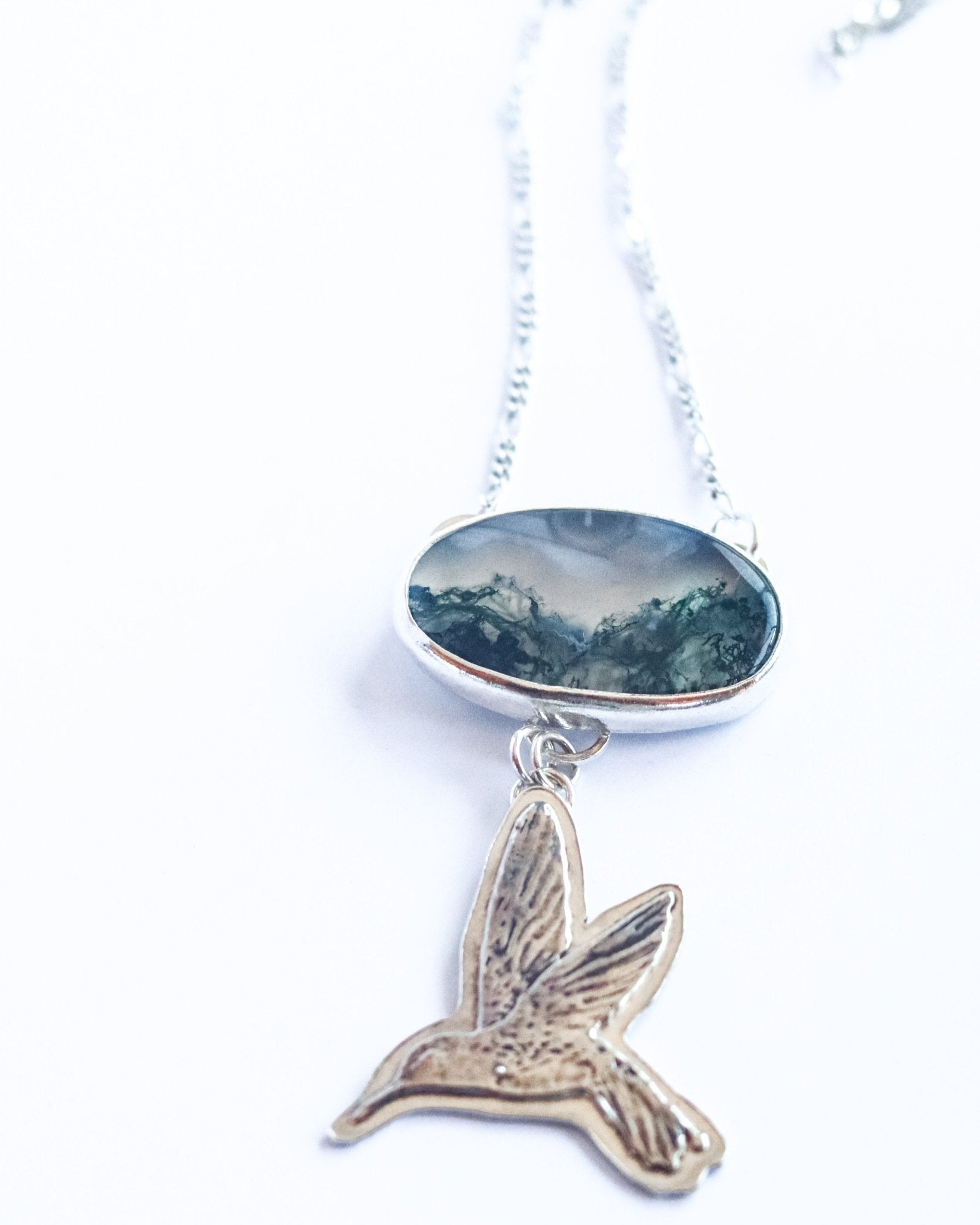 Hummingbird Moss Agate Necklace - Kowhai and Sage