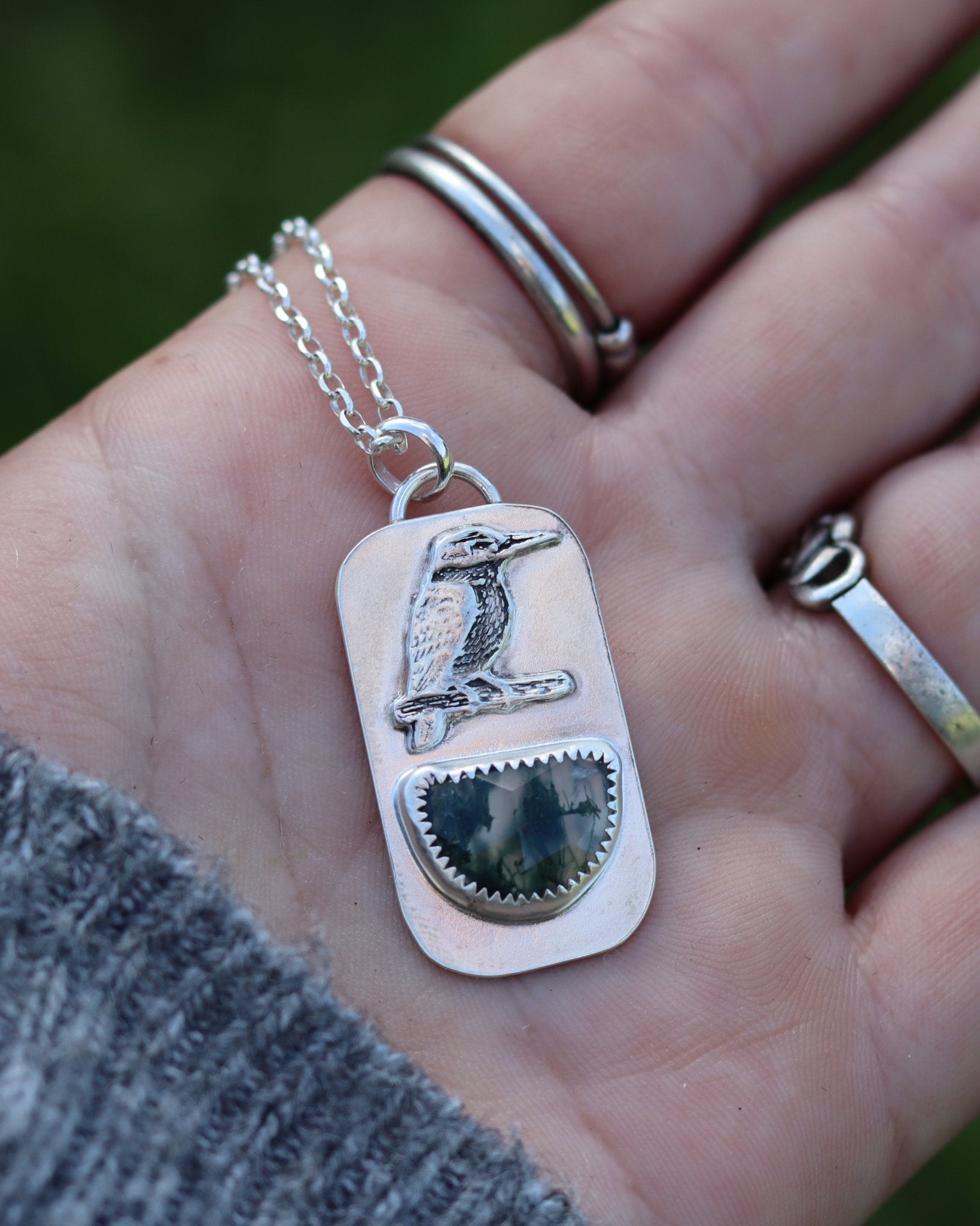 Kingfisher Kotare Moss Agate Necklace - Kowhai and Sage